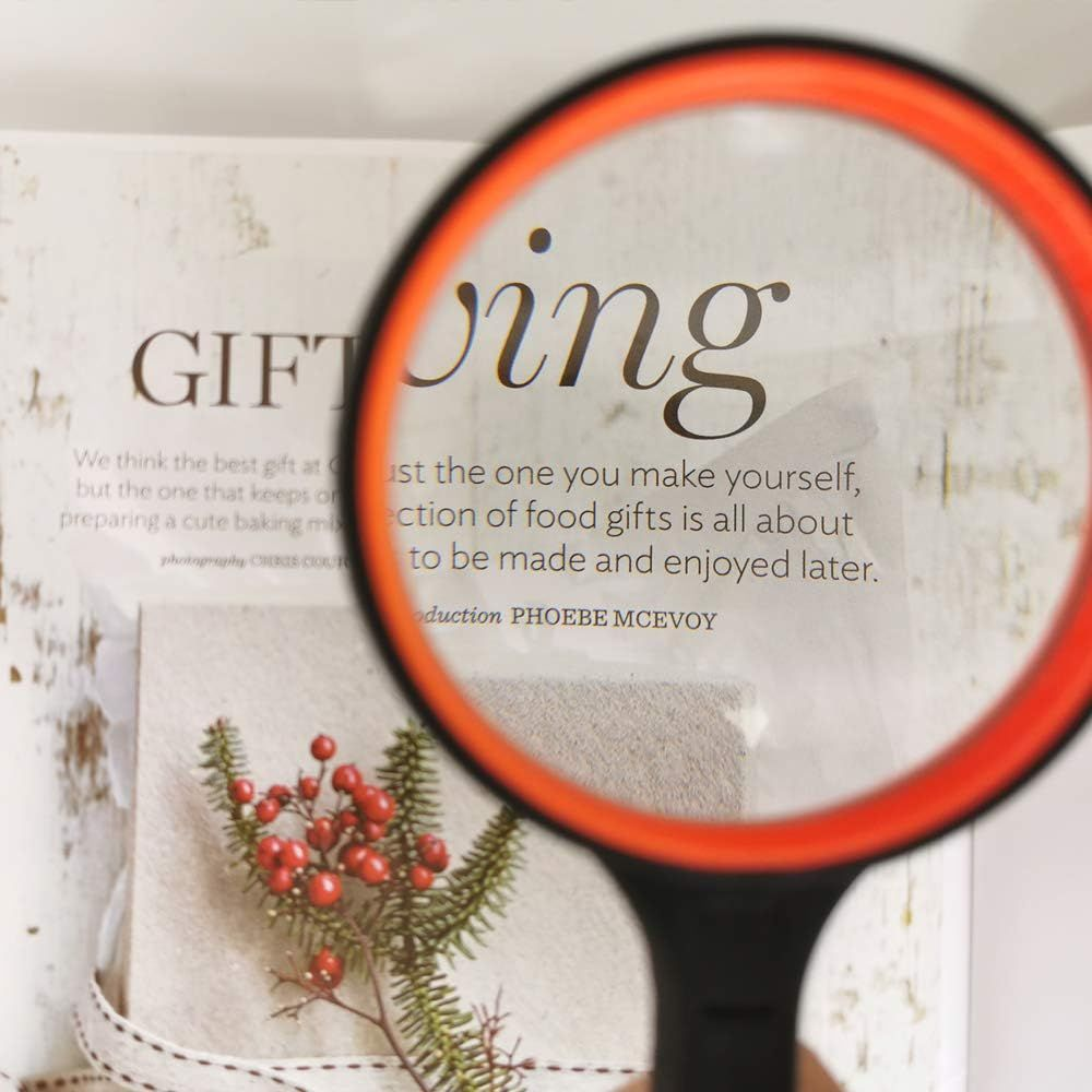 Eine Lupe über einer Magazinseite. Das Wort „geben“ ist sichtbar. Ein Zweig mit Beeren und Text befinden sich im Hintergrund.
