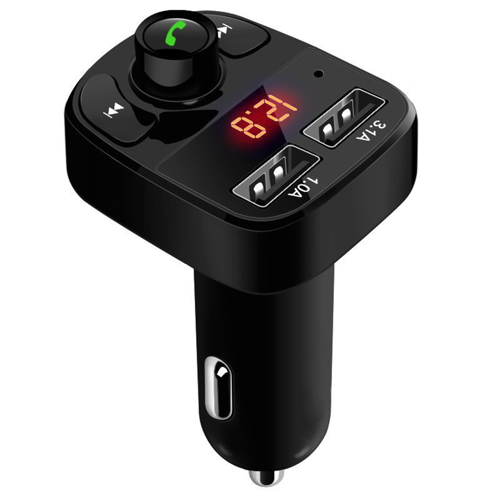 Schwarzes Autoladegerät mit Anzeige von 12,8 V, zwei USB-Anschlüssen und Anruftaste.