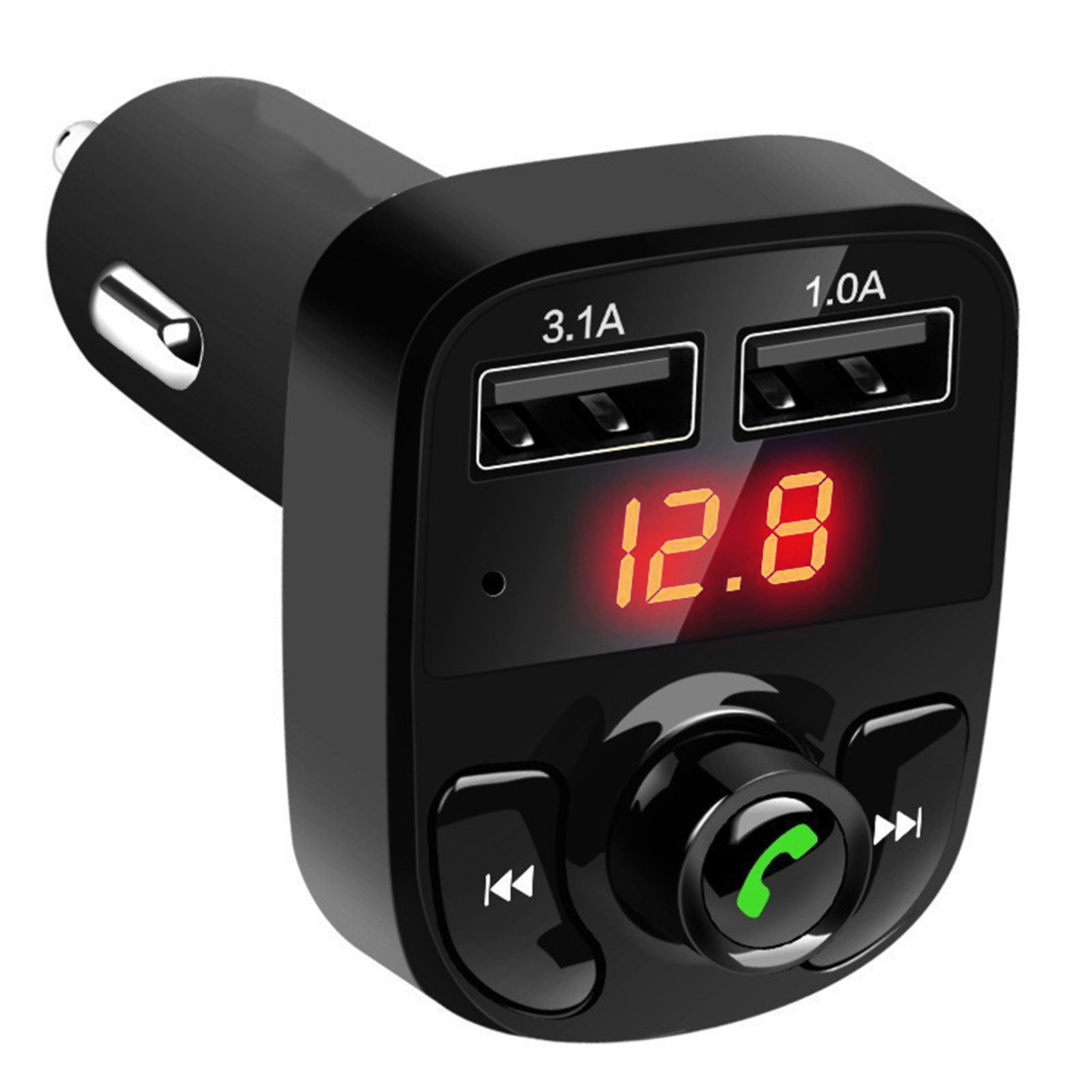 Schwarzes Autoladegerät mit USB-Anschlüssen, Digitalanzeige mit 12,8 und Steuertasten.