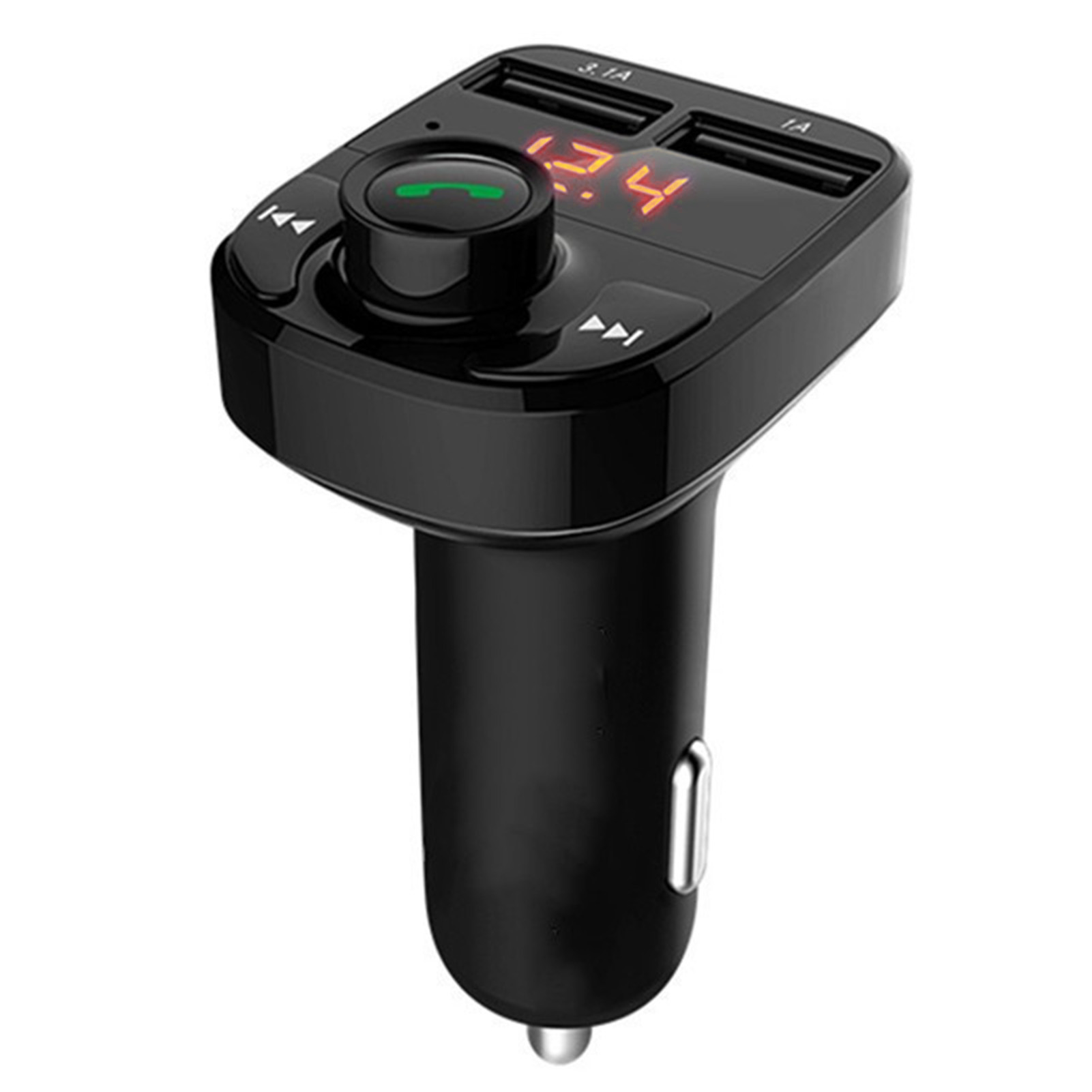 Schwarzer Auto-FM-Transmitter mit Digitalanzeige, die Zahlen anzeigt. Er hat Knöpfe und USB-Anschlüsse. Der Hintergrund ist weiß.