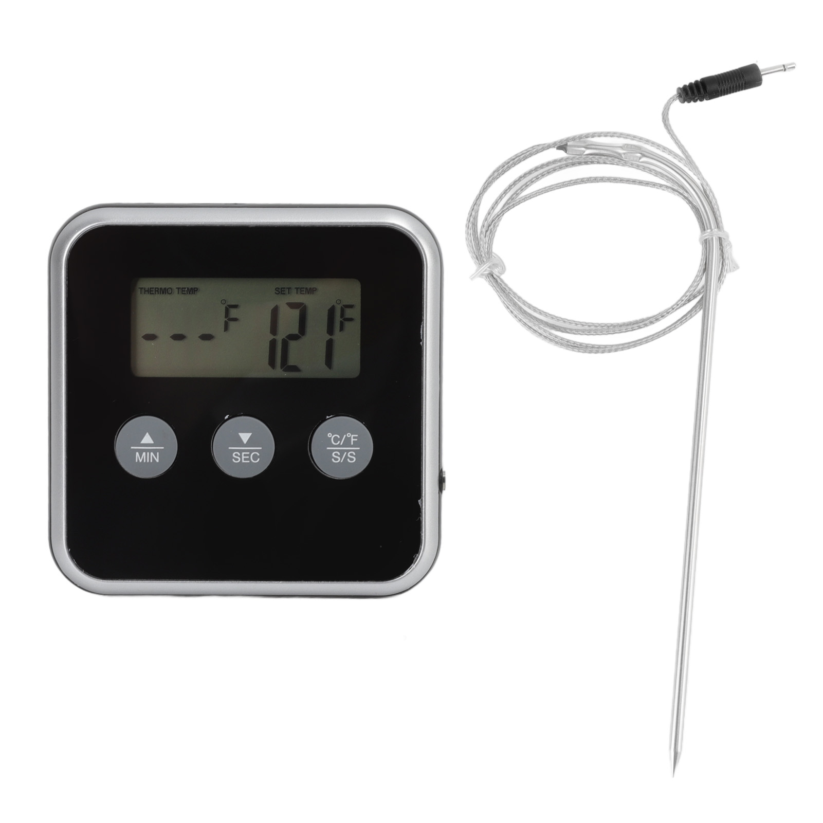 Ein Digitalthermometer zeigt 121 Grad an. Es hat eine Sonde und ein digitales Display mit Tasten für Min, Sek und Celsius/Fahrenheit.