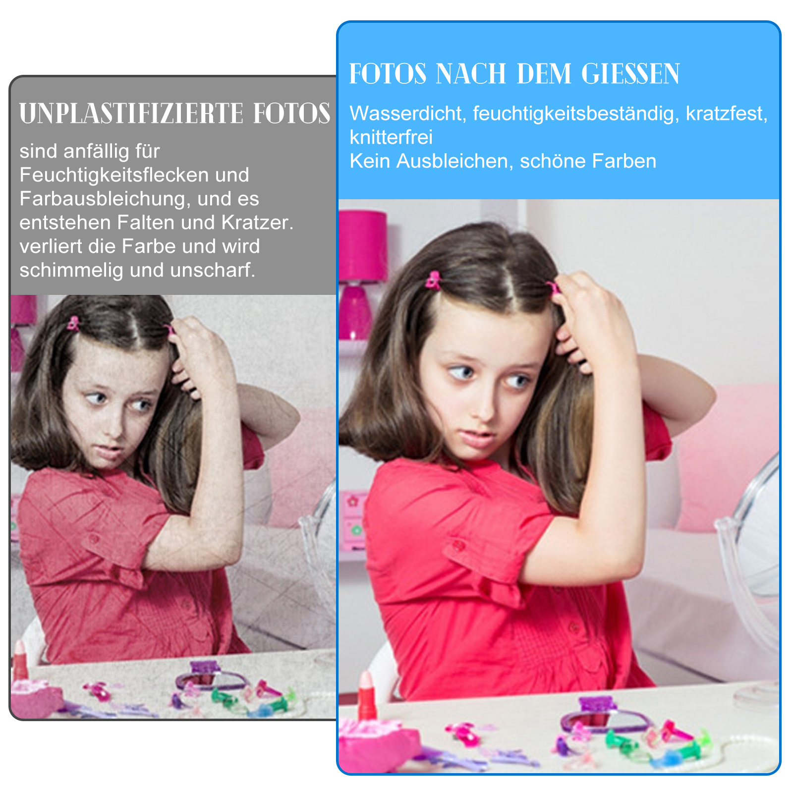 Ein Mädchen im roten Hemd frisiert sich die Haare. Das Bild vergleicht unplastifizierte Fotos mit plastifizierten.