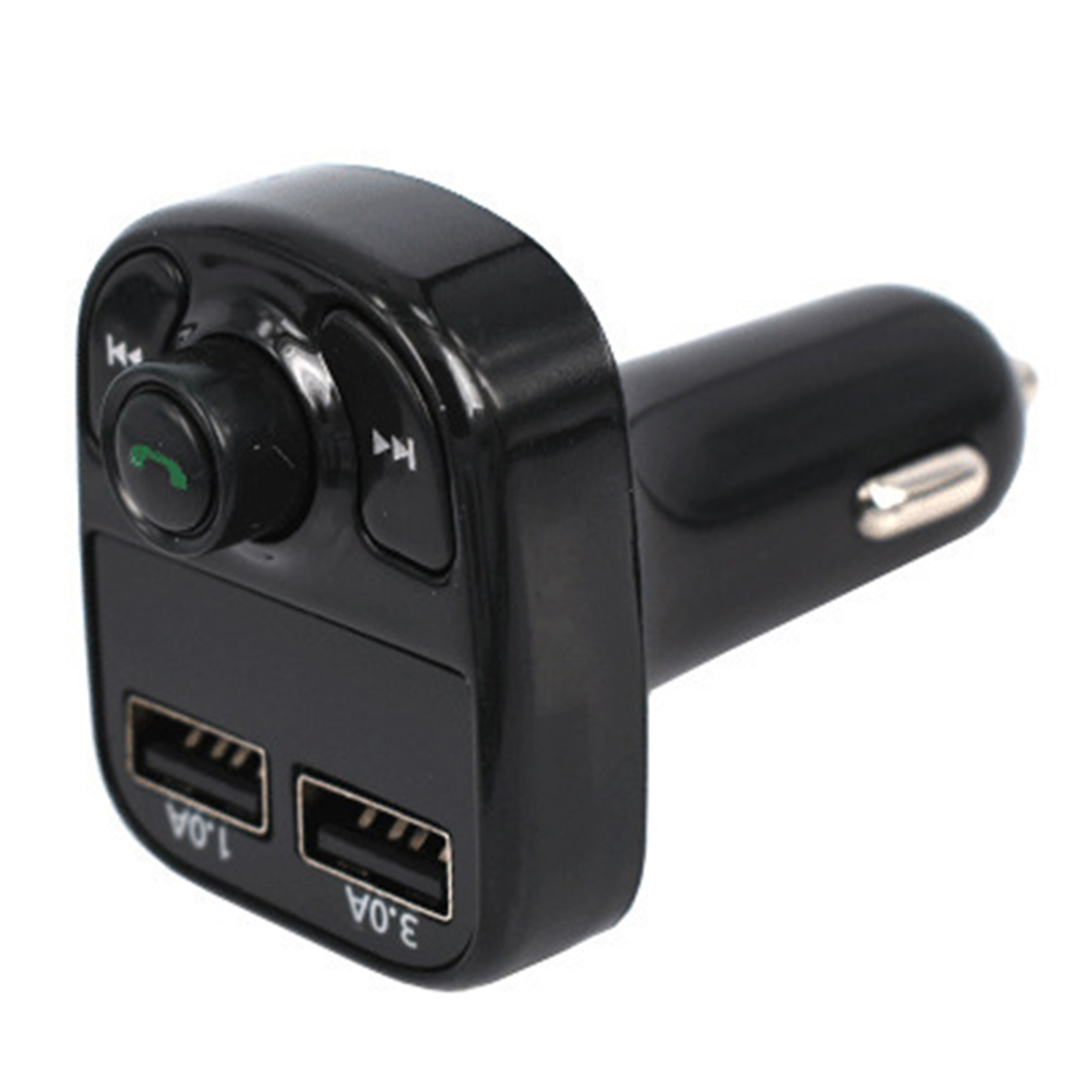 Schwarzes Autoladegerät mit USB-Anschlüssen, Knöpfen und einem Drehregler. Es ist eingesteckt und einsatzbereit.