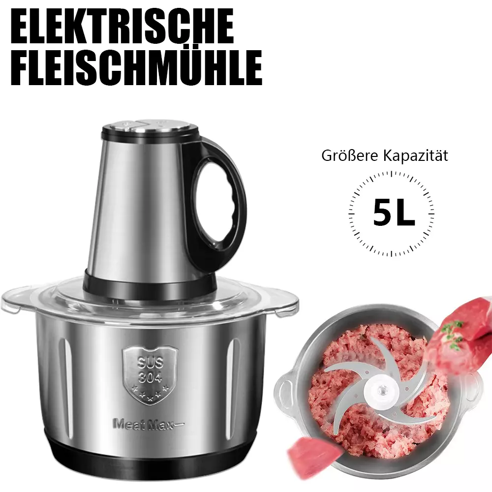 Ein Fleischwolf aus Edelstahl mit schwarzem Griff und der Aufschrift 'ELEKTRISCHE FLEISCHMÜHLE'. Eine Schüssel mit Hackfleisch wird gezeigt.