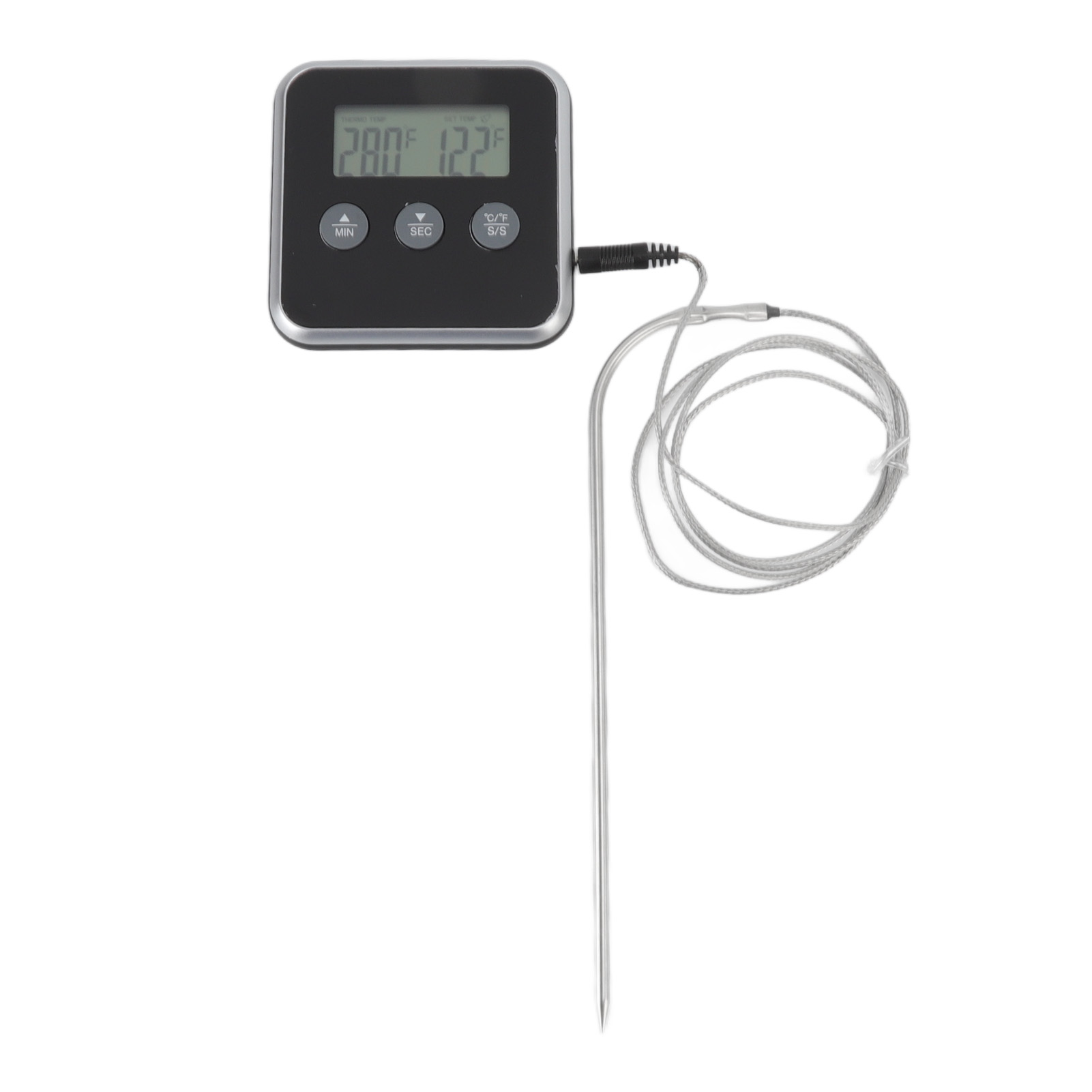 Ein digitales Thermometer mit Sonde zeigt 280°F und 122°F an. Es hat Knöpfe und ein aufgerolltes Kabel.