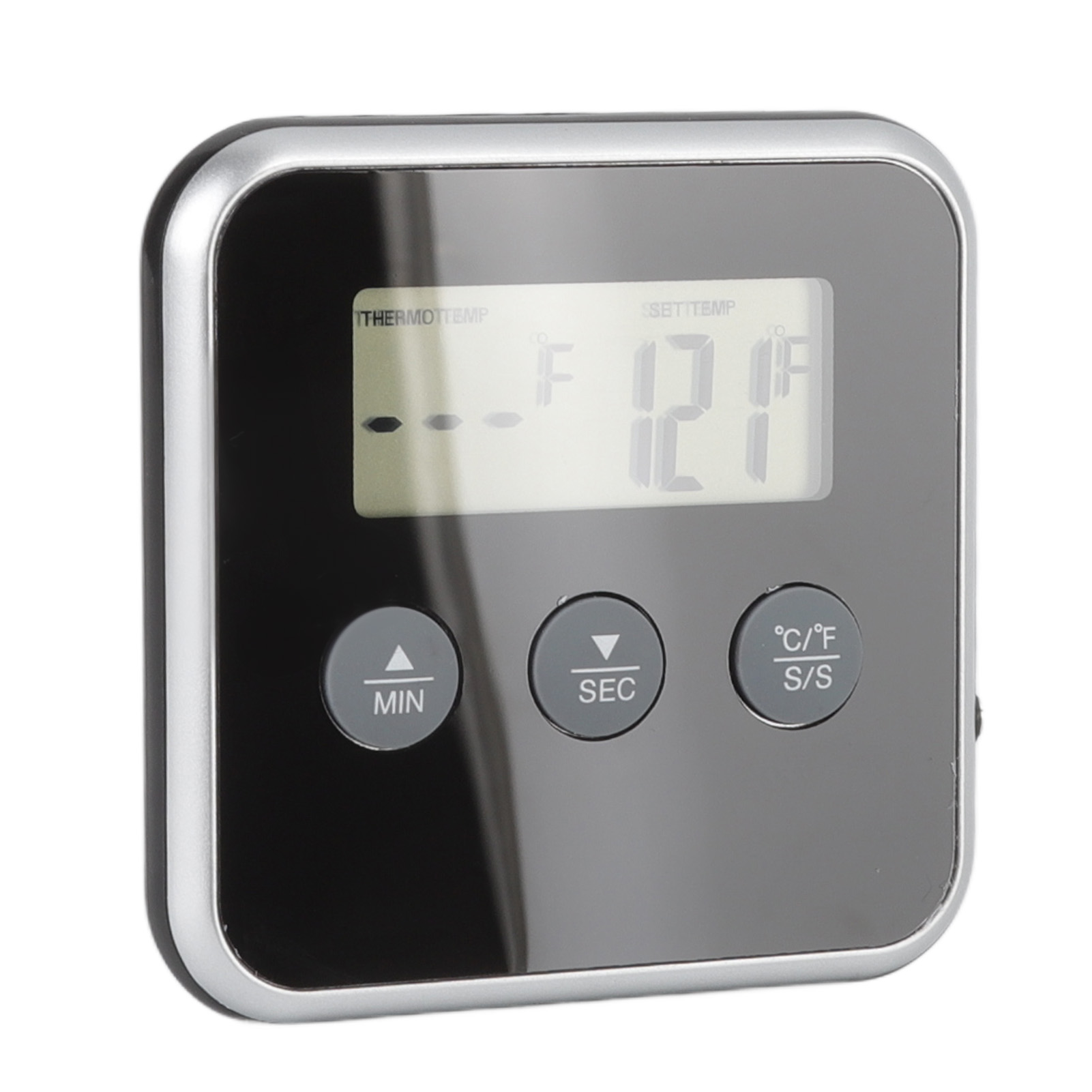 Ein digitales Thermometer zeigt 121°F an. Es hat Tasten für Minuten, Sekunden und °C/°F. Das Gerät ist schwarz und silber.