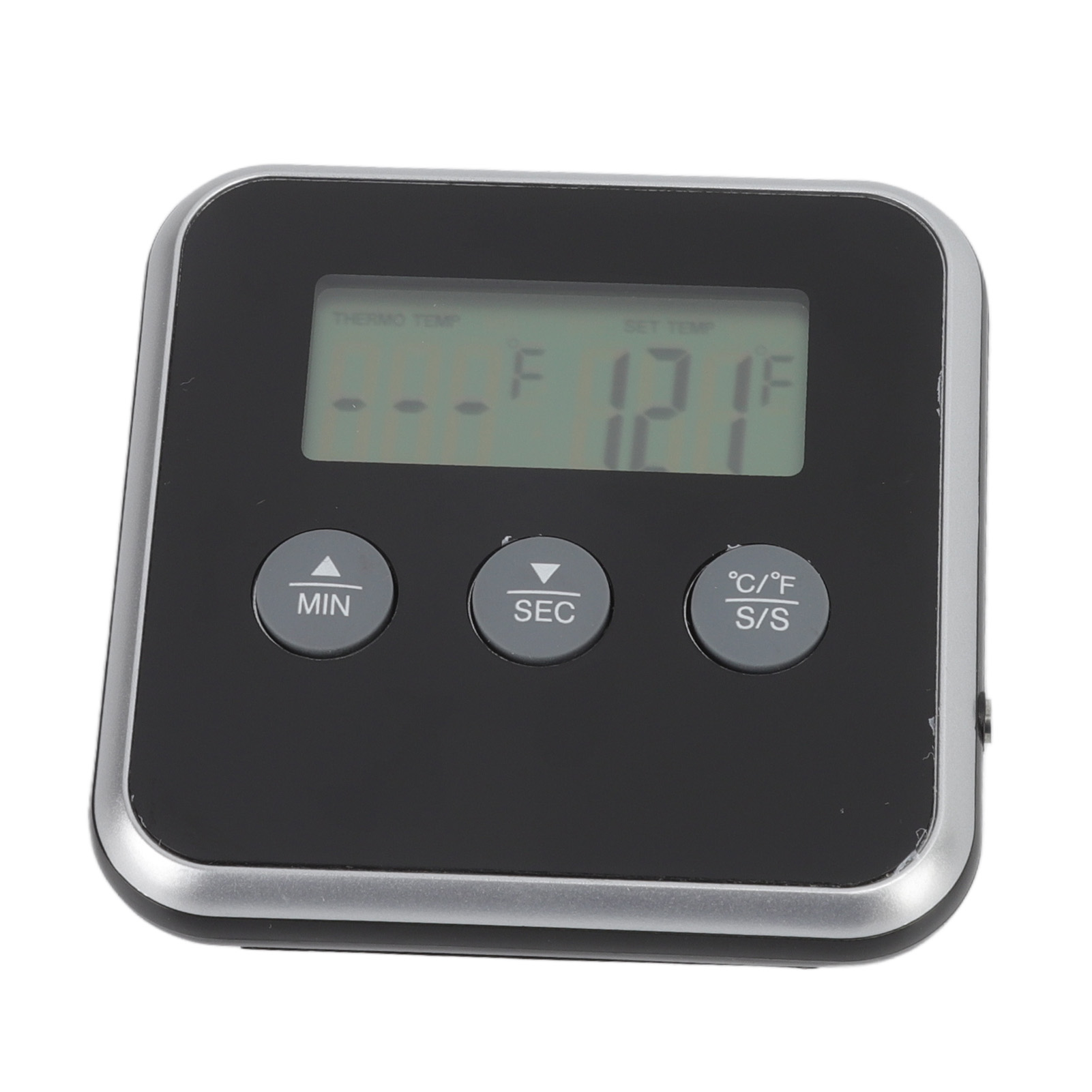 Ein schwarzes und silbernes Digitalthermometer zeigt 121 Grad Fahrenheit an. Es hat drei Tasten: MIN, SEC und °C/°F S/S.