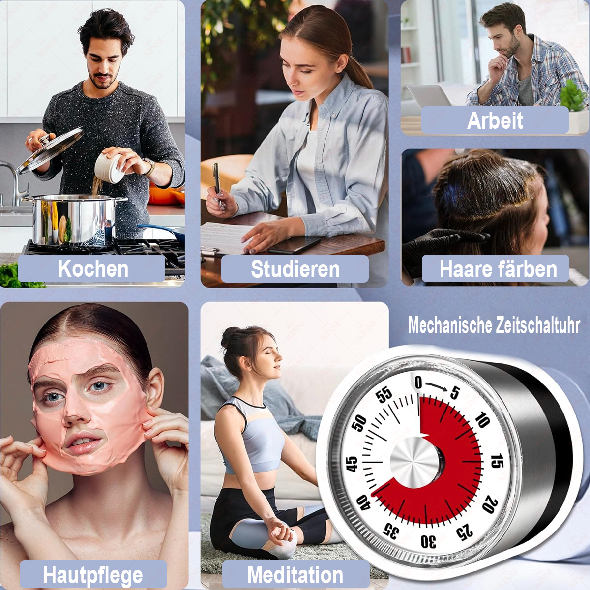 Collage mit Aktivitäten: Kochen, Studieren, Arbeiten, Haare färben, Hautpflege, Meditation und einem mechanischen Timer. Jedes hat eine Beschriftung.