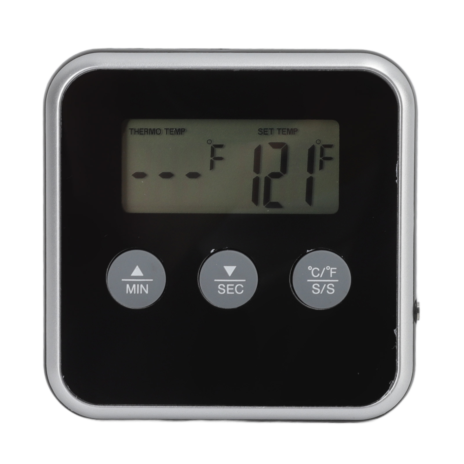 Ein quadratisches digitales Thermometer zeigt Temperaturmesswerte und Tasten für Minuten, Sekunden und Celsius/Fahrenheit-Umrechnung an.