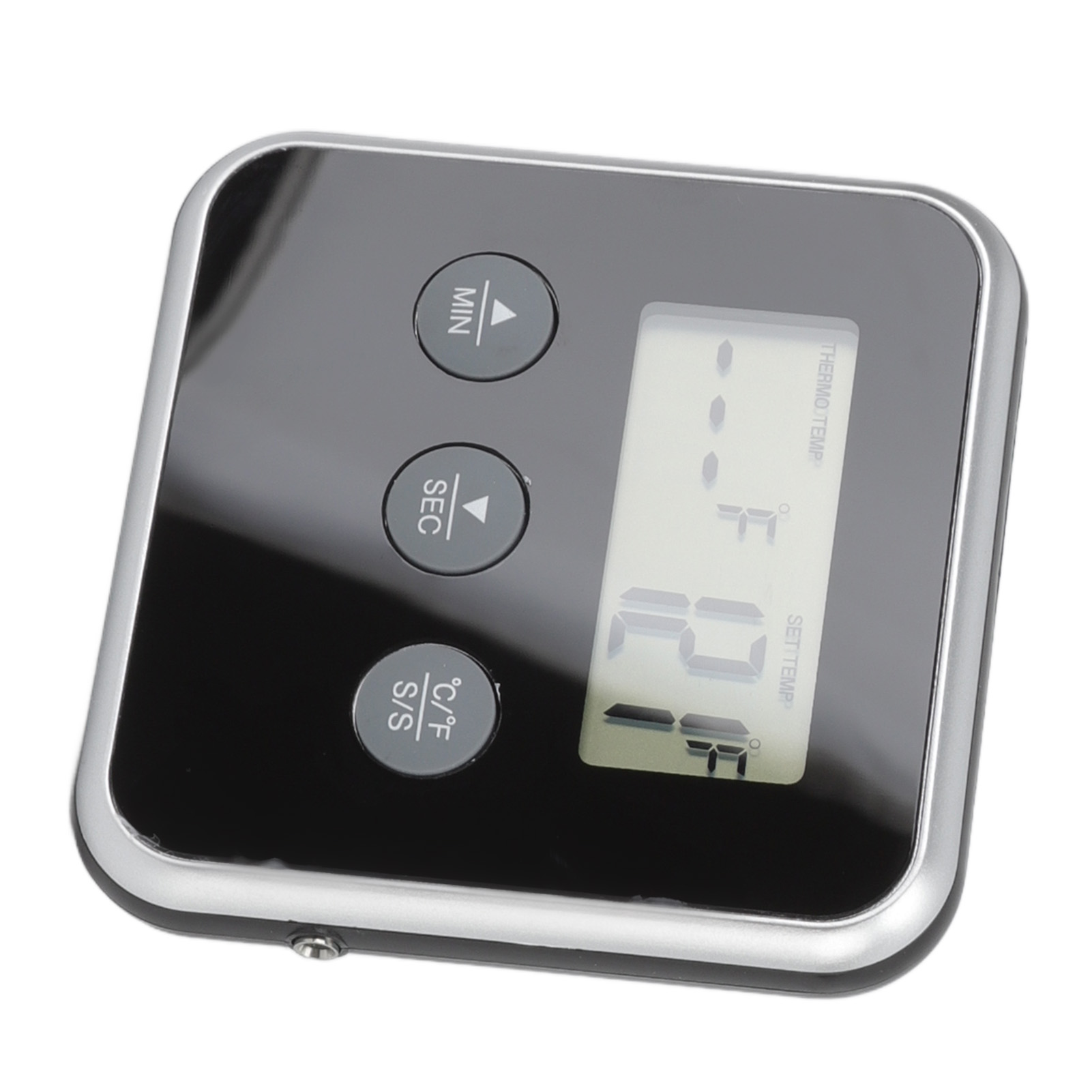 Ein digitaler Küchentimer mit schwarzem Bildschirm, silbernem Rahmen und Tasten für Minuten, Sekunden und Celsius/Fahrenheit.