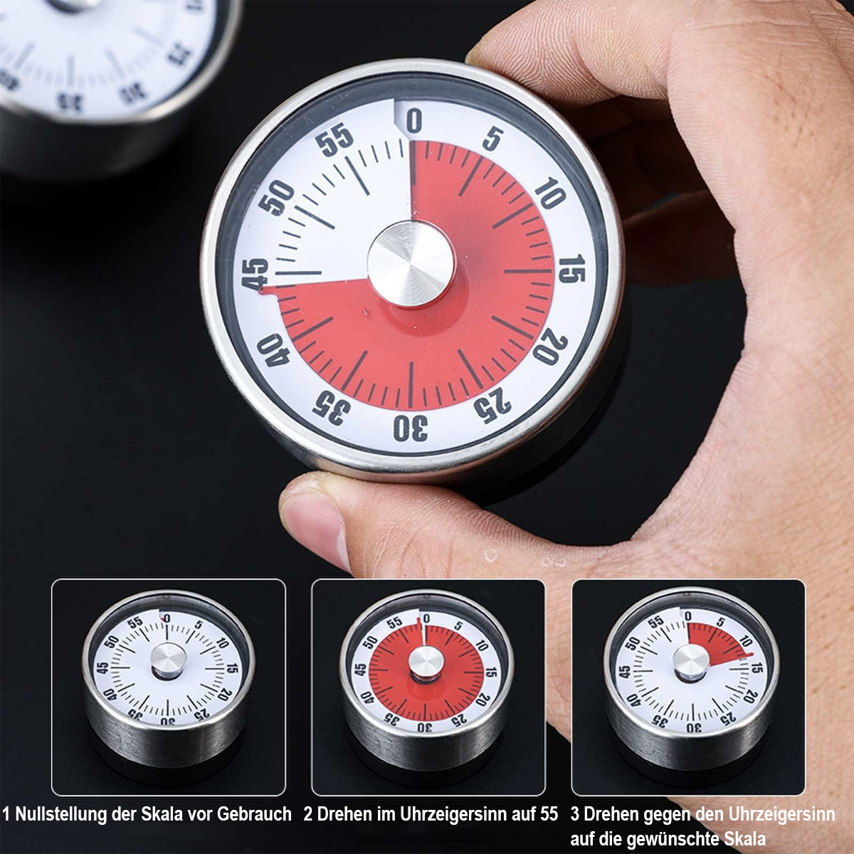 Eine Hand hält einen rot-weißen Timer, der die Minuten anzeigt. Drei kleinere Timer unten veranschaulichen die Anwendungsschritte.