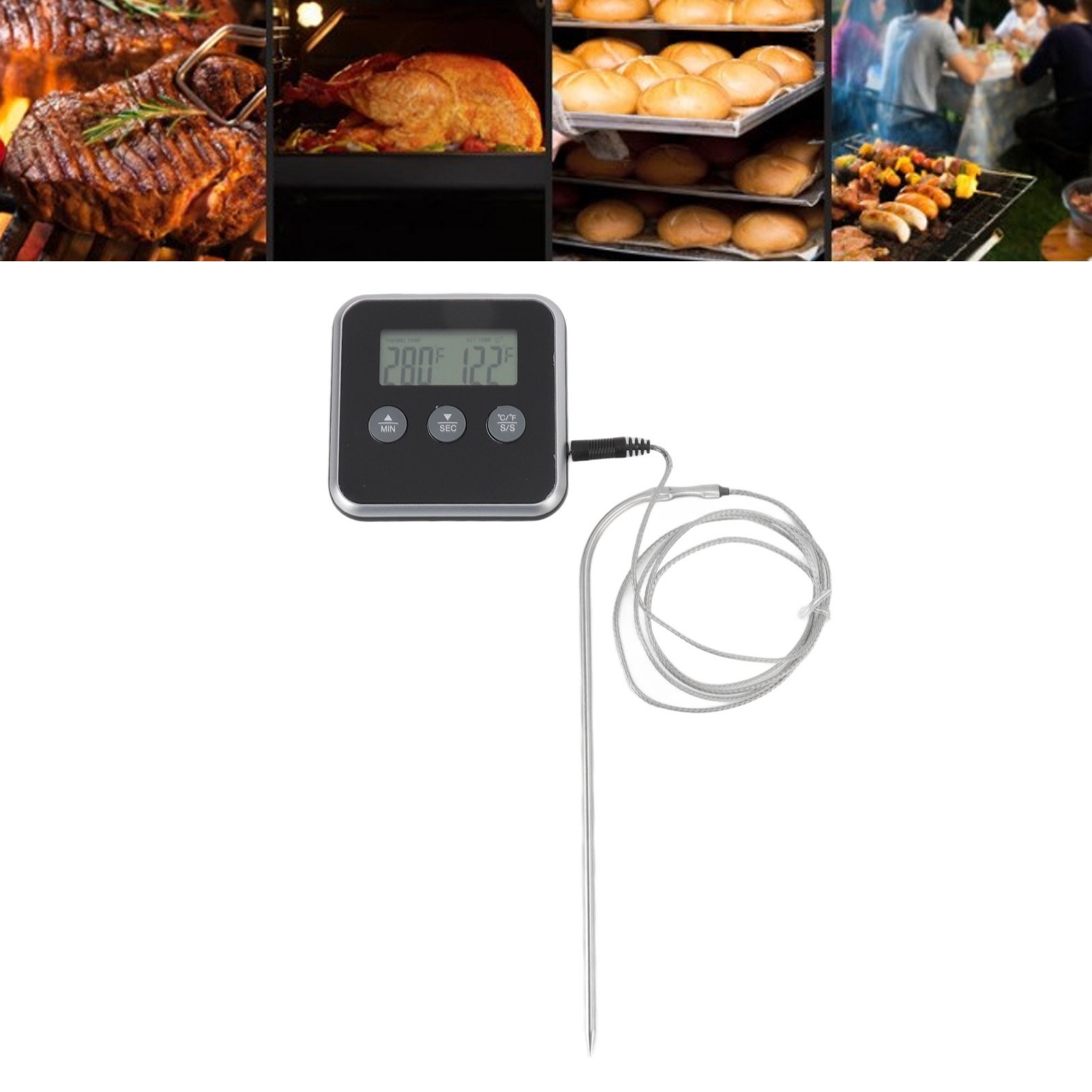 Ein digitales Lebensmitteltemperaturmessgerät mit Sonde zeigt 280F und 122F an. Der Hintergrund zeigt gekochtes Essen und Menschen.