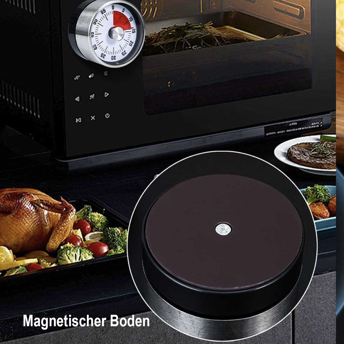 Ein Ofentimer mit rotem Bereich ist an einem schwarzen Ofen befestigt. Ein Brathähnchen, Gemüse und ein Teller mit Steak sind sichtbar.