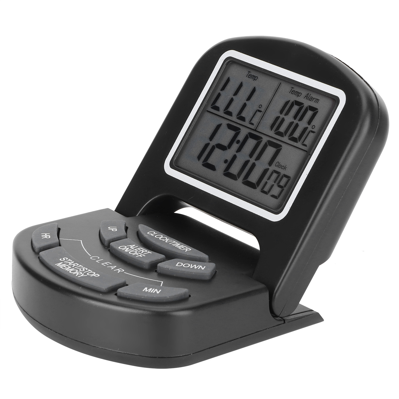 Eine schwarze Digitaluhr mit Knöpfen, die Zeit und Temperatur anzeigt. Die Uhr ist auf einer weißen Oberfläche angewinkelt.