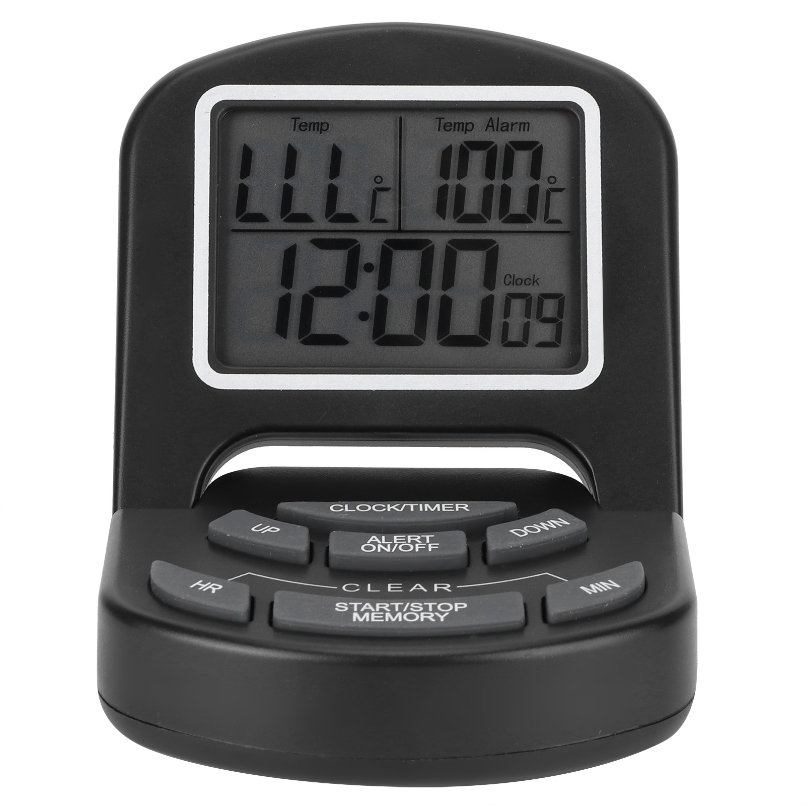 Schwarze Digitaluhr, die Zeit und Temperatur anzeigt. Tasten für Uhr/Timer, HR, MIN, AUF, AB, Alarm, Löschen, Start/Stopp.