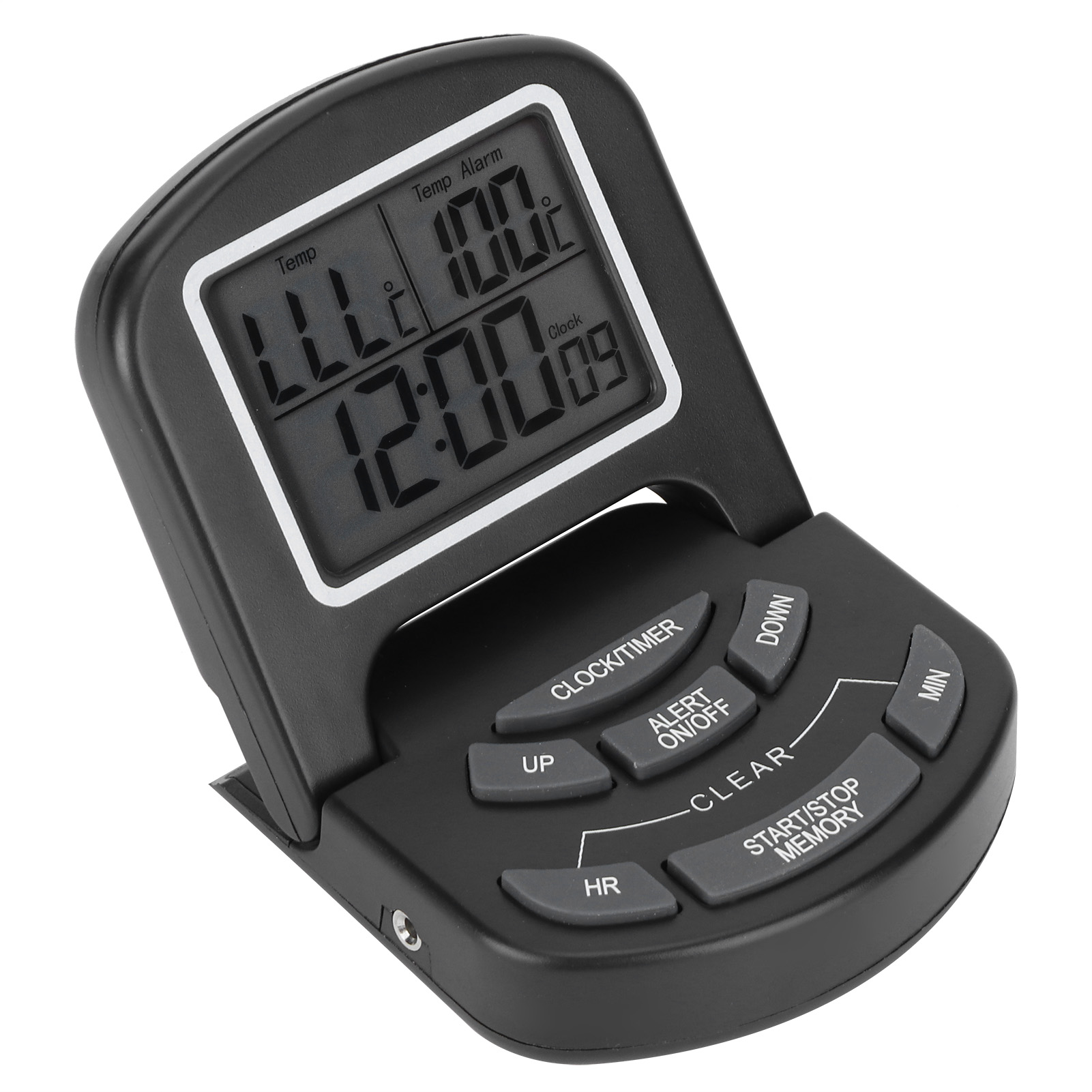 Ein schwarzer Digitaltimer mit Anzeige von Temperatur, Uhrzeit und Alarm. Er hat Tasten für verschiedene Funktionen.