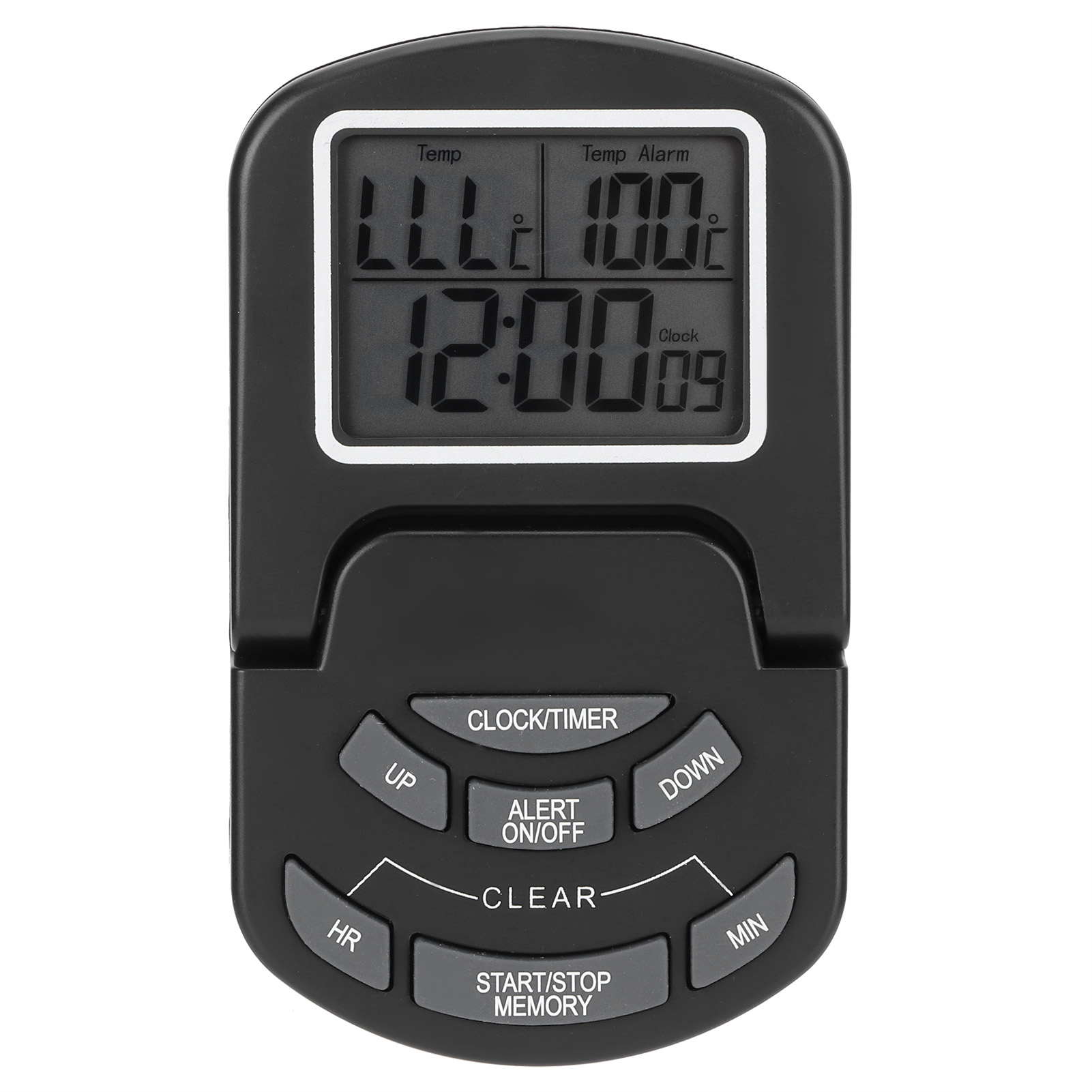 Schwarzer digitaler Küchentimer mit Temperatur- und Zeitanzeige. Tasten: Uhr/Timer, hoch, runter, Std., Min. und Start/Stopp.