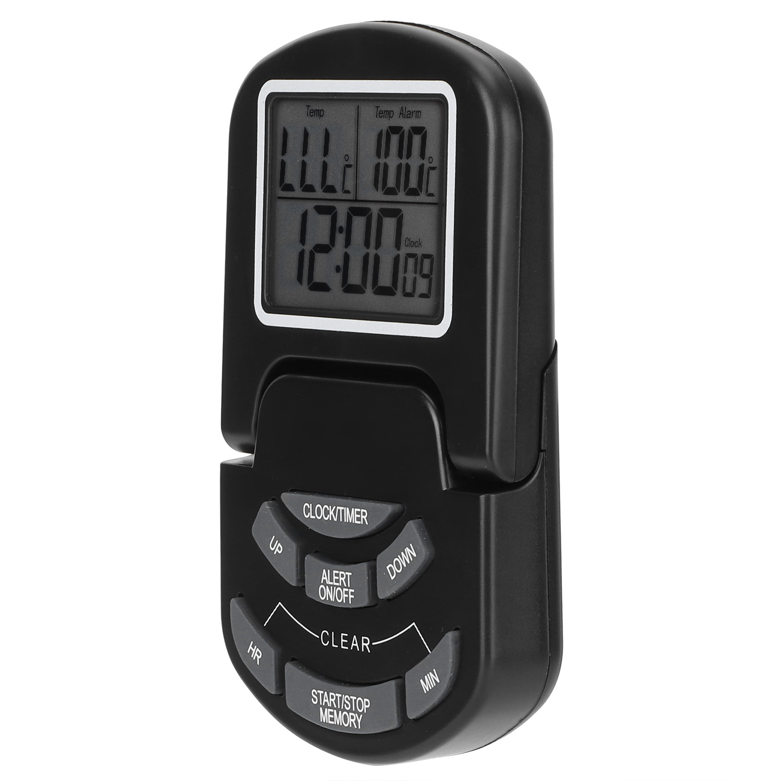 Ein schwarzer Küchentimer zeigt Zeit- und Temperaturmesswerte auf dem Bildschirm an. Er hat Tasten für Uhr, Timer und andere Funktionen.