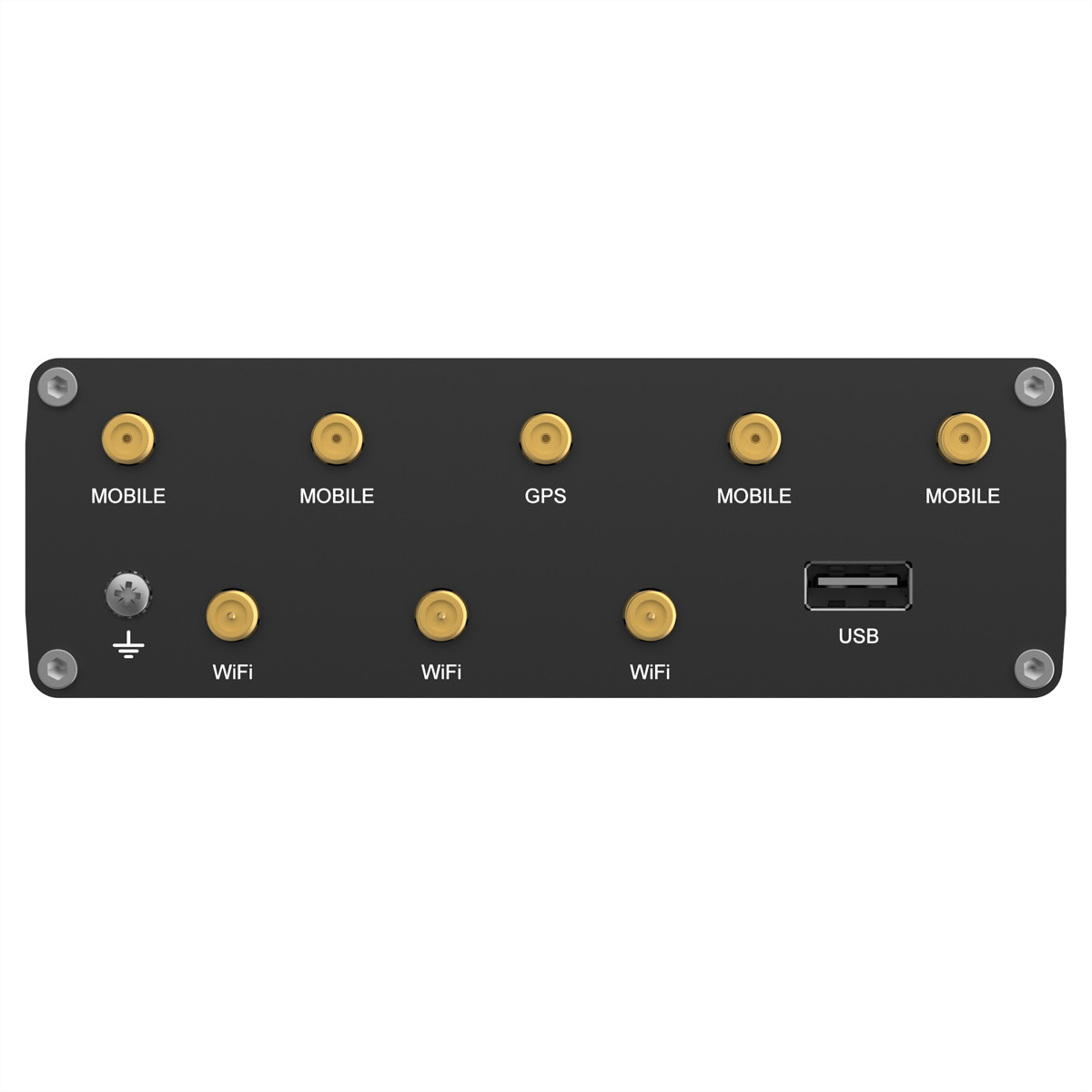 Ein schwarzes Gerät mit mehreren goldenen Anschlüssen, beschriftet mit WiFi, Mobile und GPS. Es hat einen USB-Anschluss und ein Erdungssymbol.