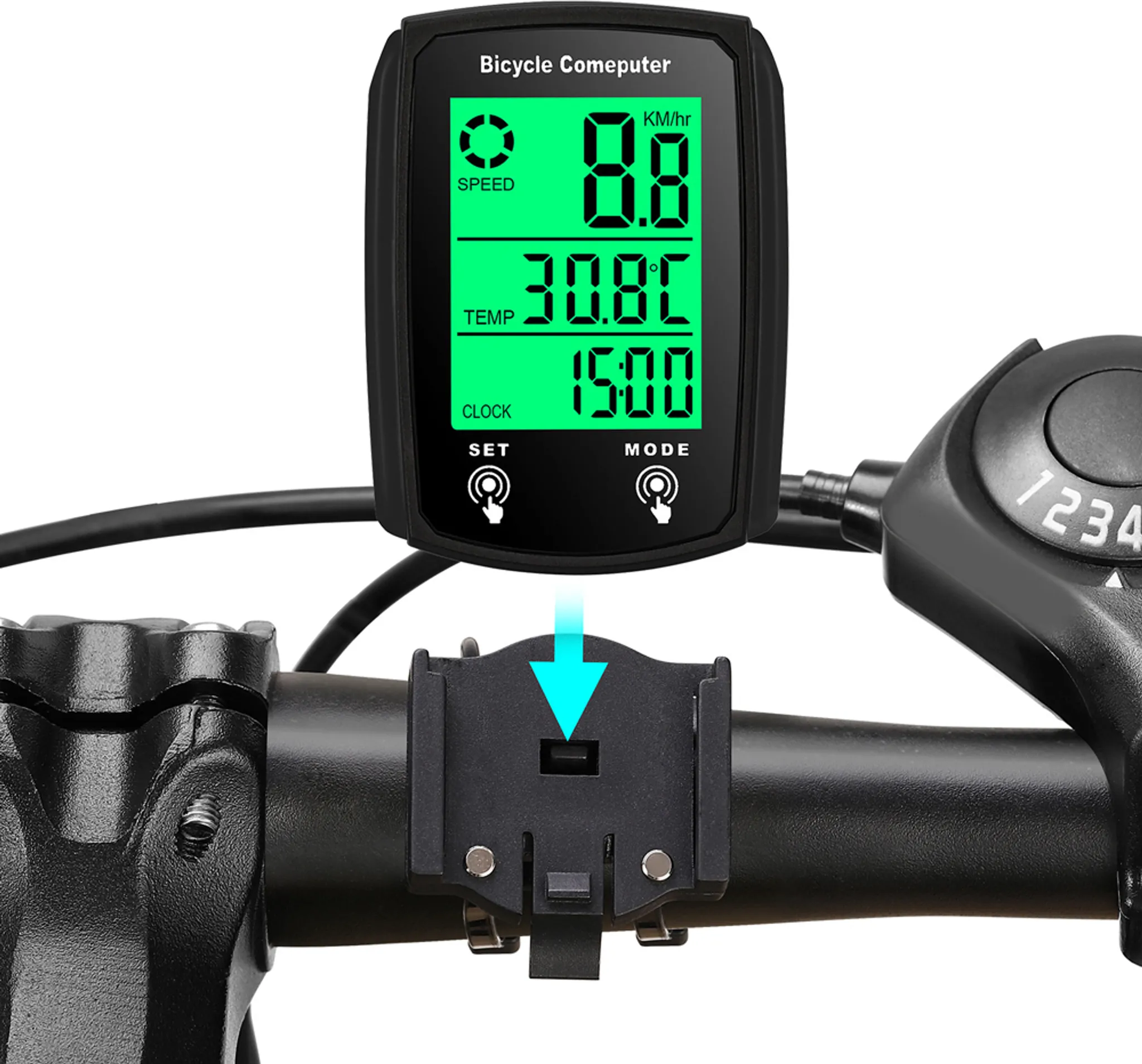 Ein Fahrradcomputer mit grünem Display, das Geschwindigkeit, Temperatur und Uhrzeit anzeigt. Er ist am Lenker befestigt.