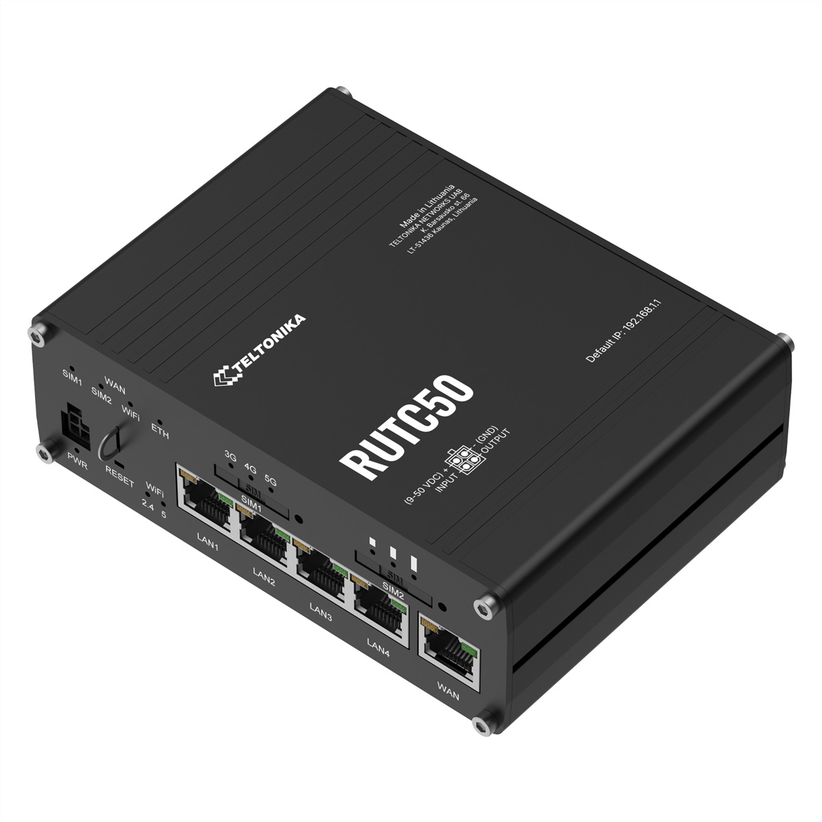 Schwarzer Teltonika RUTC50 Router. Verfügt über SIM-, LAN-, WAN-Anschlüsse und Kontrollleuchten. Oben befindet sich das Teltonika-Logo.