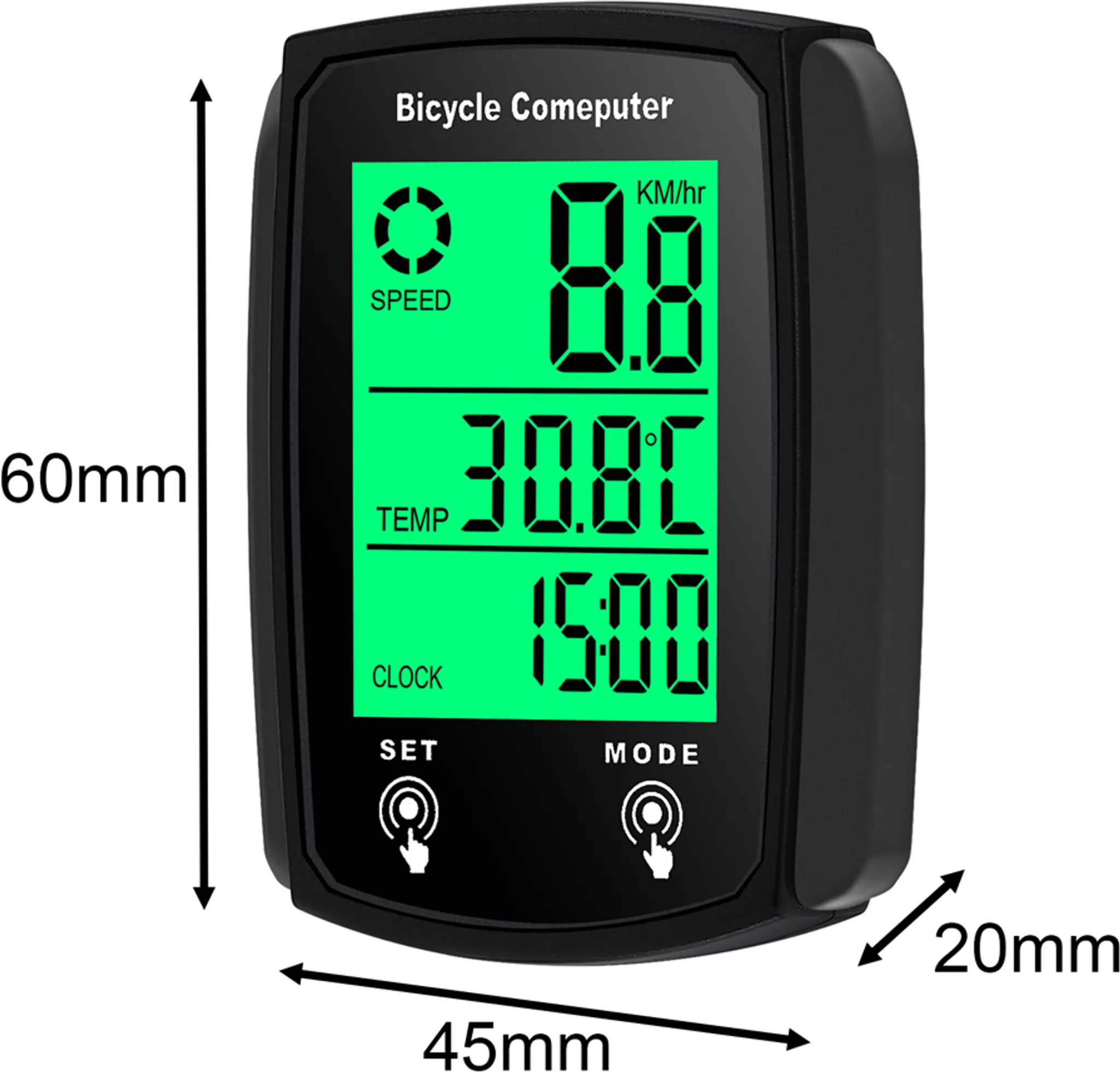 Ein Fahrradcomputer, der Geschwindigkeit, Temperatur und Uhrzeit anzeigt. Der Bildschirm ist grün mit schwarzen Ziffern.
