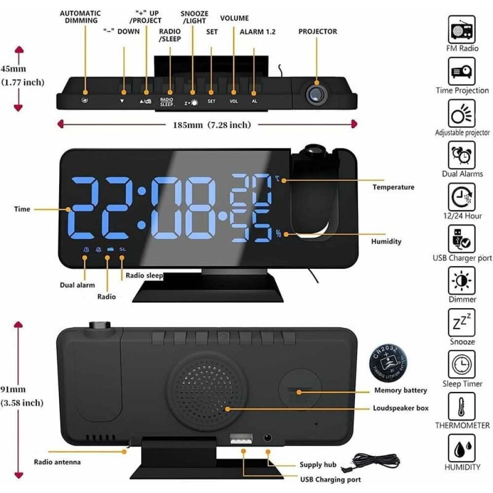 Digitaler Wecker mit blauem Display, das Zeit, Temperatur und Luftfeuchtigkeit anzeigt. Hat Tasten und Symbole für verschiedene Funktionen.