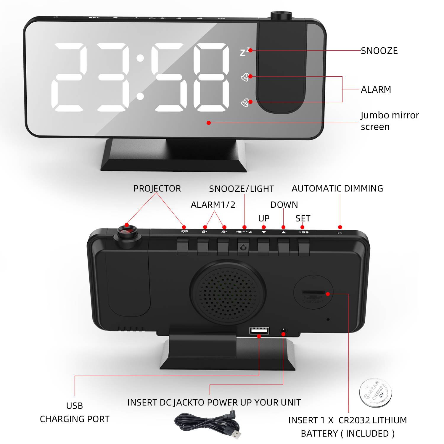 Ein schwarzer digitaler Wecker zeigt die Uhrzeit 23:58 an. Er hat Tasten für Schlummerfunktion, Alarm und Dimmen, sowie einen USB-Anschluss.