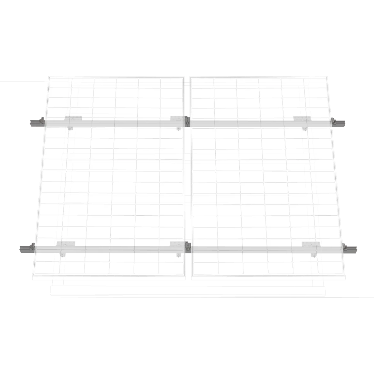 Zwei rechteckige Solarpanels, Draufsicht. Grauer Metallrahmen und Halterungen. Weißer Hintergrund. Paneele sind durch Metallstange verbunden.