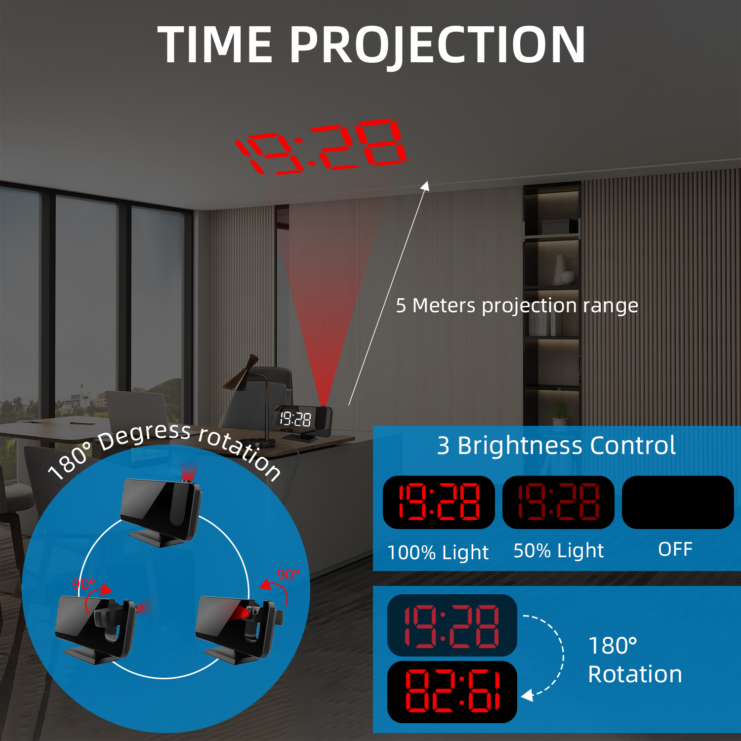 Eine Uhr projiziert die Zeit 19:28 in Rot an die Decke. Sie zeigt Helligkeitssteuerung, 180° Drehung und 5 Meter Projektionsreichweite.