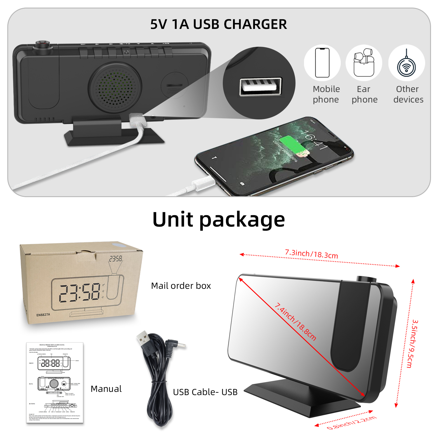 Ein Wecker mit Projektionsfunktion, ein Telefon, das über USB geladen wird, und Zubehör wie eine Bedienungsanleitung, ein Kabel und eine Box.