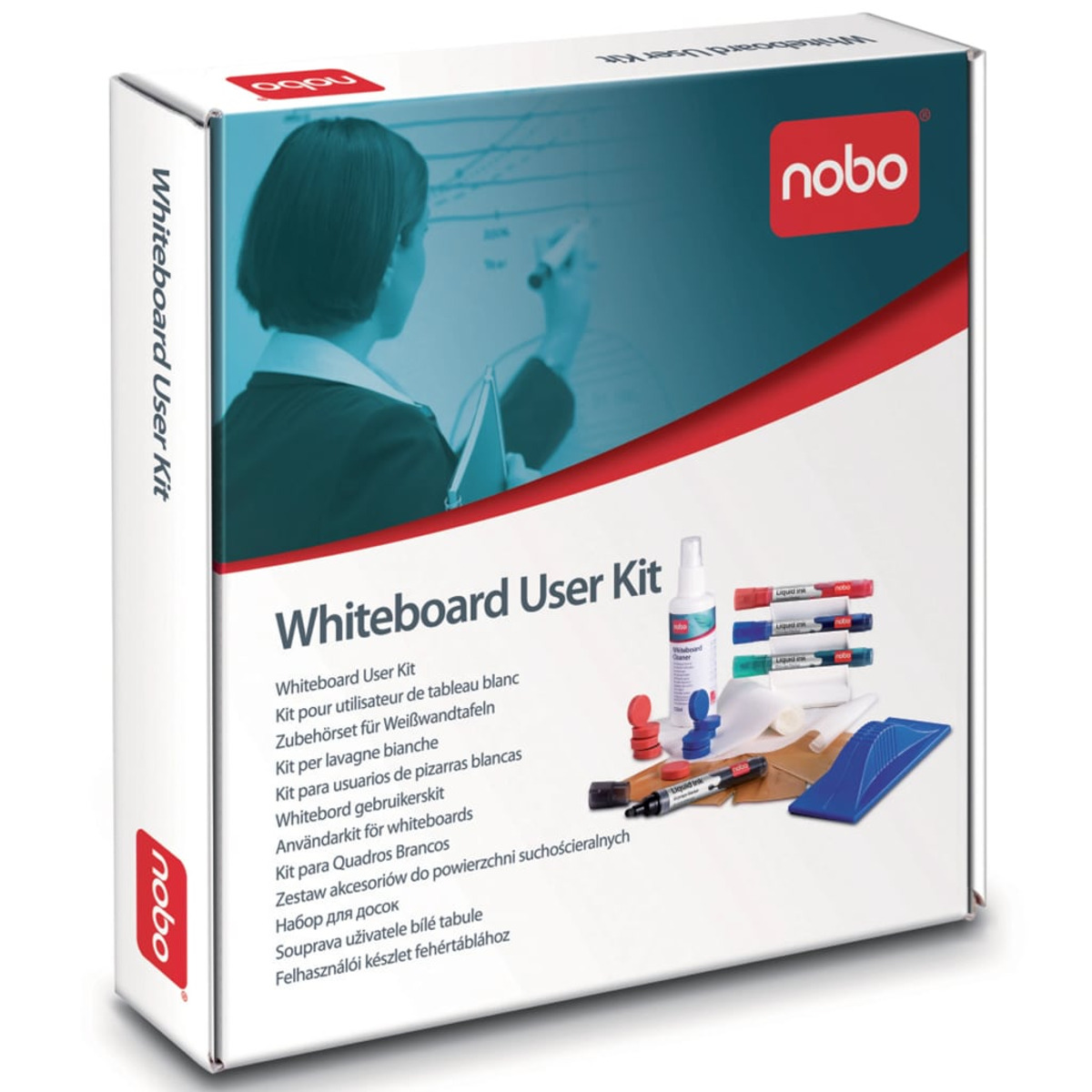 Whiteboard-Benutzer-Kit-Box. Es gibt eine Frau, die auf einer Whiteboard zeichnet. Enthält Whiteboard-Marker, Reiniger und Radiergummi.