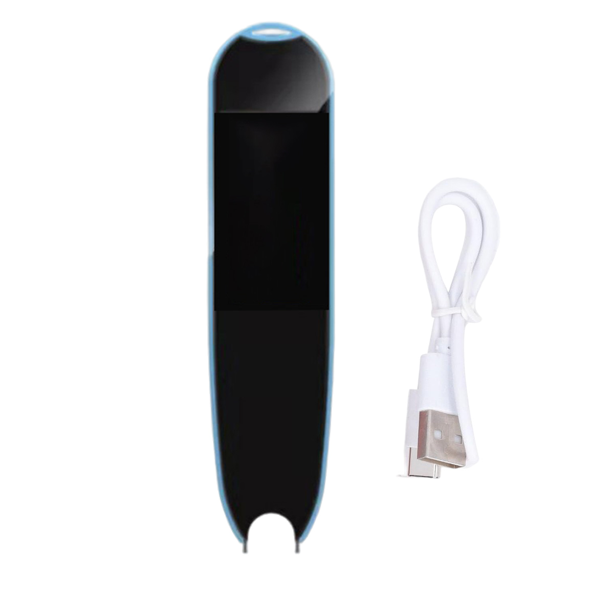 Ein schwarzes und blaues Gerät mit einem USB-Kabel. Das Gerät ist lang und schmal. Das Kabel ist weiß.