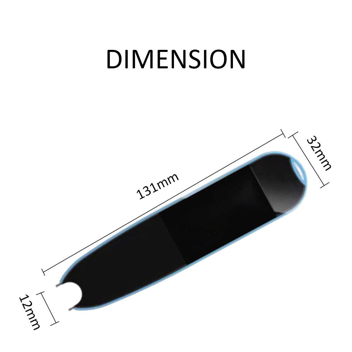 Das Bild zeigt ein schwarzes Objekt mit den Maßen 131 mm, 32 mm und 12 mm. Das Wort 'ABMESSUNG' steht oben.