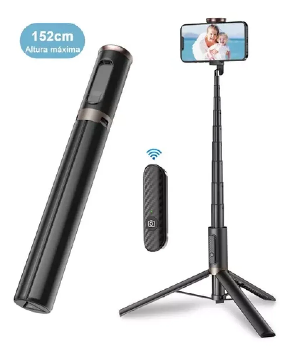 Ein Selfie-Stick mit einem Telefon, das eine Frau und ein Kind zeigt. Enthält eine Fernbedienung und einen geschlossenen Stick. Maximale Höhe 152 cm.