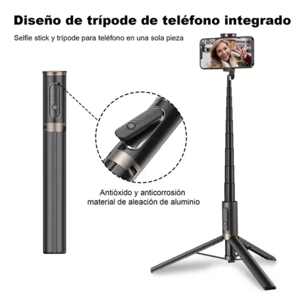 Schwarzes Telefon-Stativ und Selfie-Stick-Kombination. Es hat eine Telefonhalterung, Tasten und eine Frau auf dem Bildschirm.