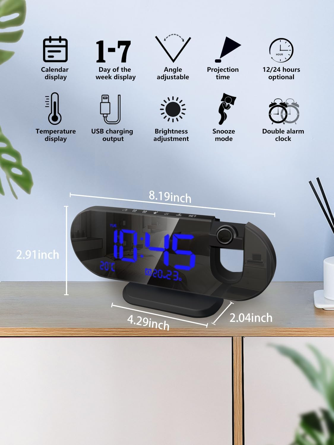 Schwarzer digitaler Wecker mit blauen Ziffern, die Zeit und Datum anzeigen. Eigenschaften: Kalender, Temperatur, USB, Helligkeit, Schlummerfunktion und Doppelalarm.