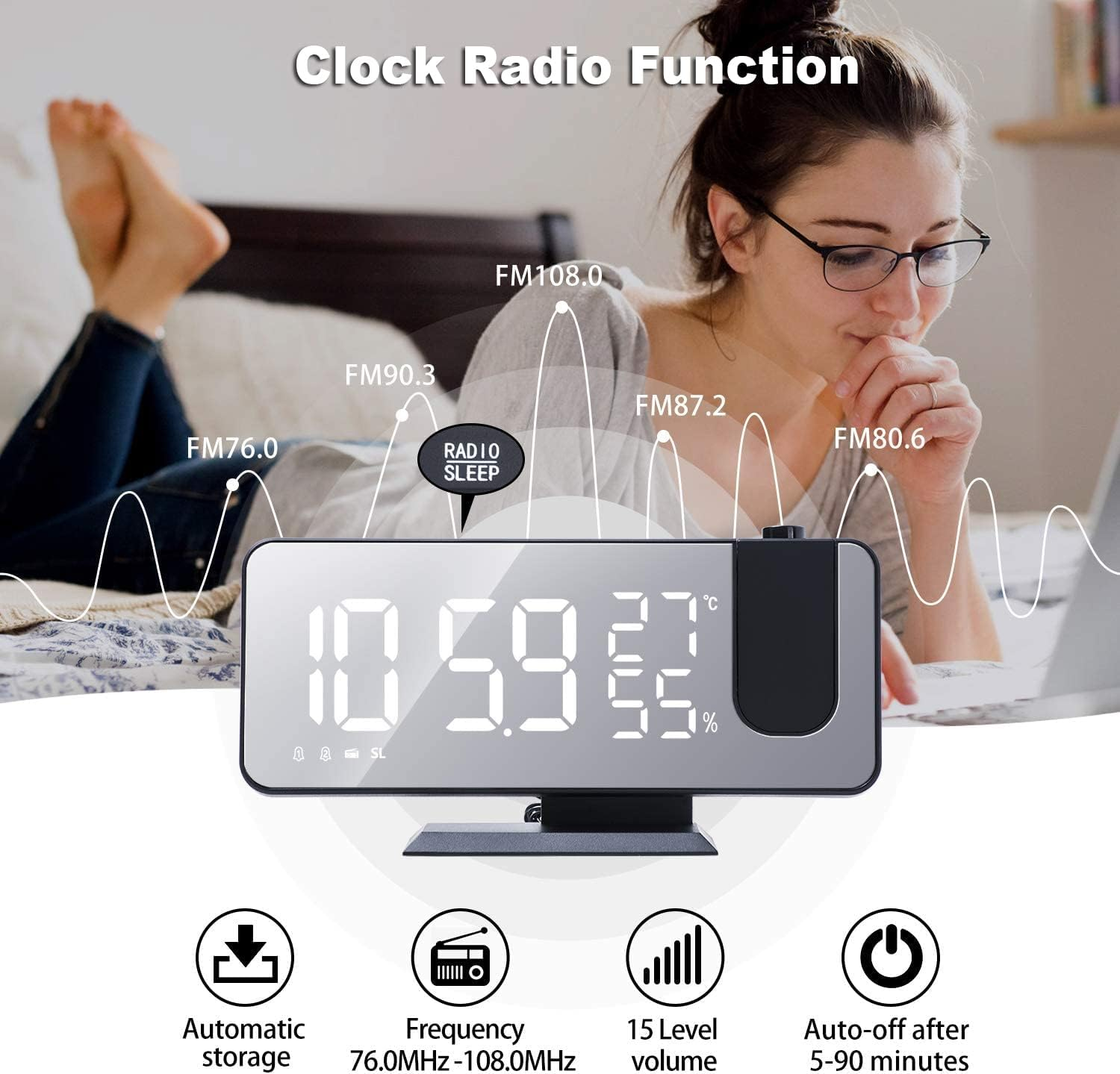 Eine Frau im Bett betrachtet ein digitales Radioweckersystem. Die Uhr zeigt Uhrzeit und Temperatur an. Funktionen umfassen Radio, Sleep und Auto-Off.