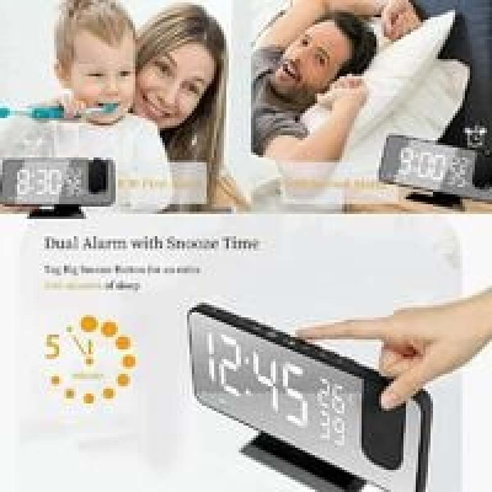 Eine Digitaluhr, die die Uhrzeit anzeigt. Eine Person, die auf die Uhr zeigt. Andere Bilder zeigen Menschen, die aufwachen.