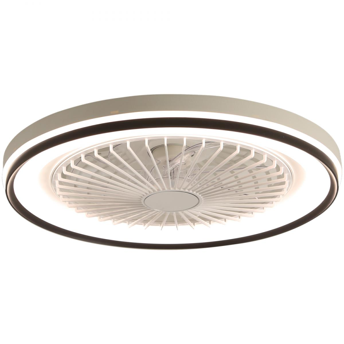 Ein Deckenventilator mit weißem und grauem Design, integriert mit einem Licht. Die Lüfterflügel sind weiß, und der umlaufende Ring hat einen dunklen Umriss.