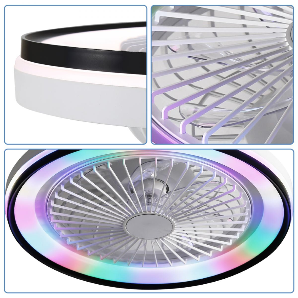 Ein Deckenventilator mit weißem Käfig und Flügeln, umgeben von einem farbwechselnden LED-Ring. Der Ventilator ist weiß und schwarz.