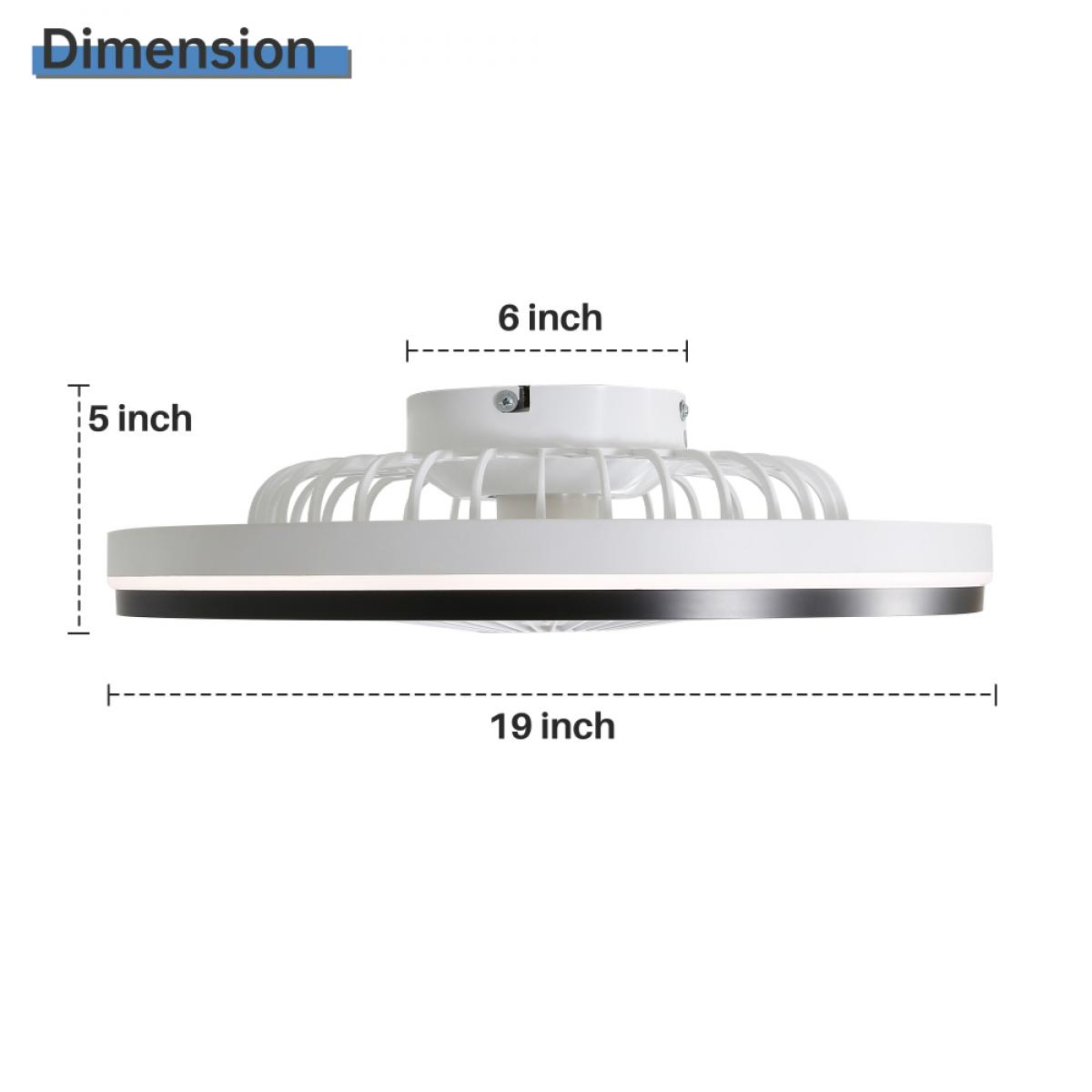 Ein weißer Deckenventilator mit den angegebenen Abmessungen: 5 Zoll Höhe, 6 Zoll Breite und 19 Zoll Länge. Enthält einen schwarzen Rand.