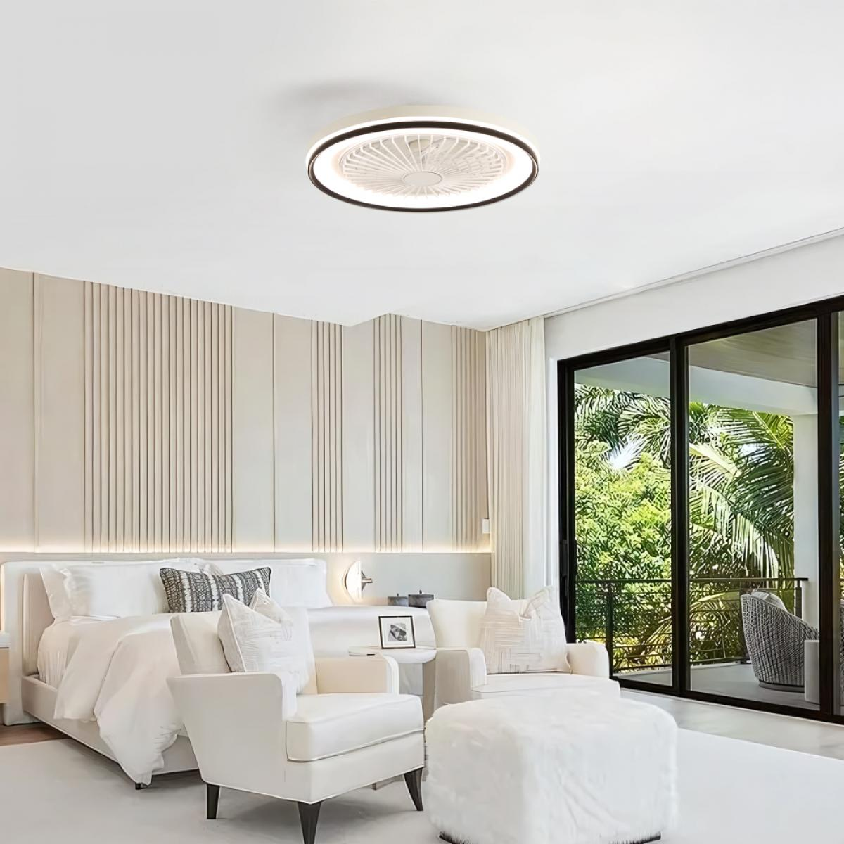 Ein Schlafzimmer mit weißen Möbeln, Deckenventilator und großen Fenstern mit Blick auf einen grünen Außenbereich. Die Einrichtung ist modern und hell.
