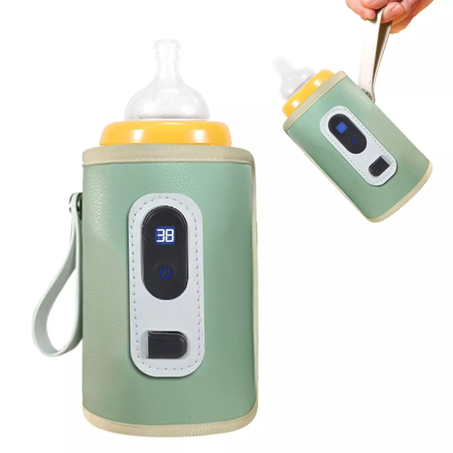 Zwei Babyflaschenwärmer. Einer steht aufrecht, der andere wird von einer Hand gehalten. Beide grün mit Temperaturanzeige.