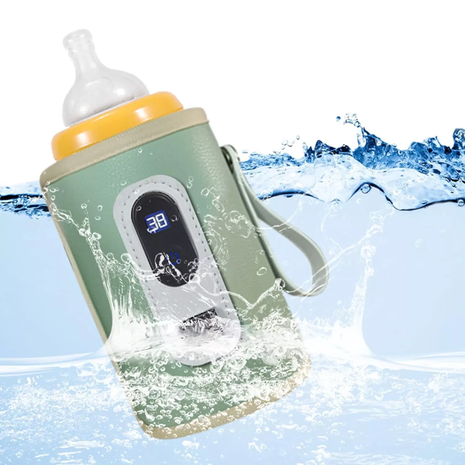 Ein Babyflaschenwärmer, der in Wasser getaucht ist. Er hat ein grünes Gehäuse und eine Digitalanzeige.