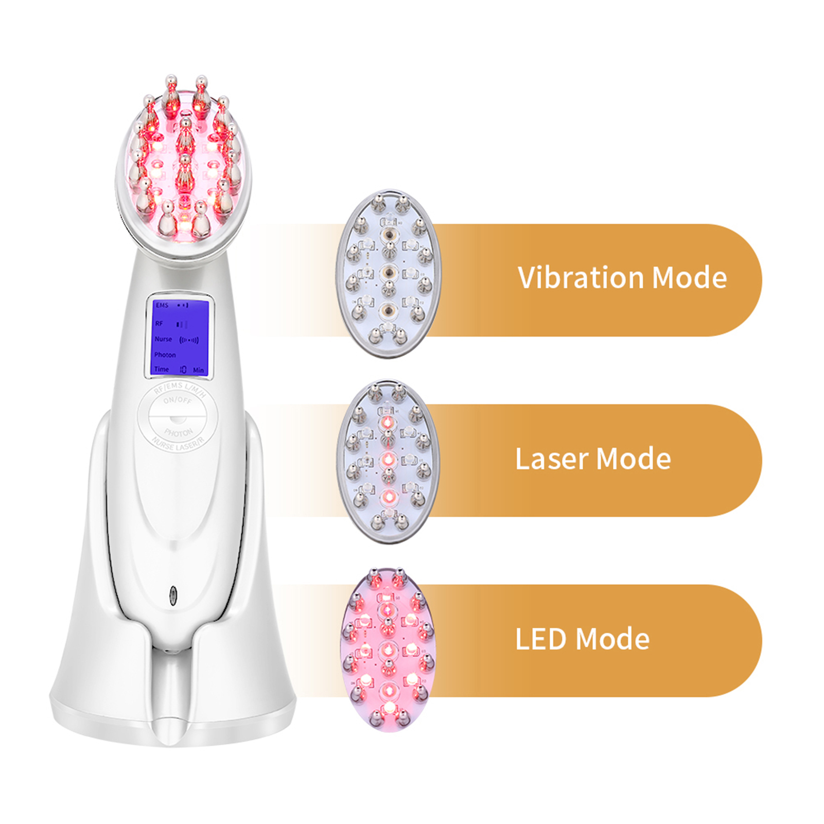 Weißes Gesichtsgerät mit roten Lichtern, drei Behandlungsmodi: Vibration, Laser und LED, mit digitaler Anzeige.