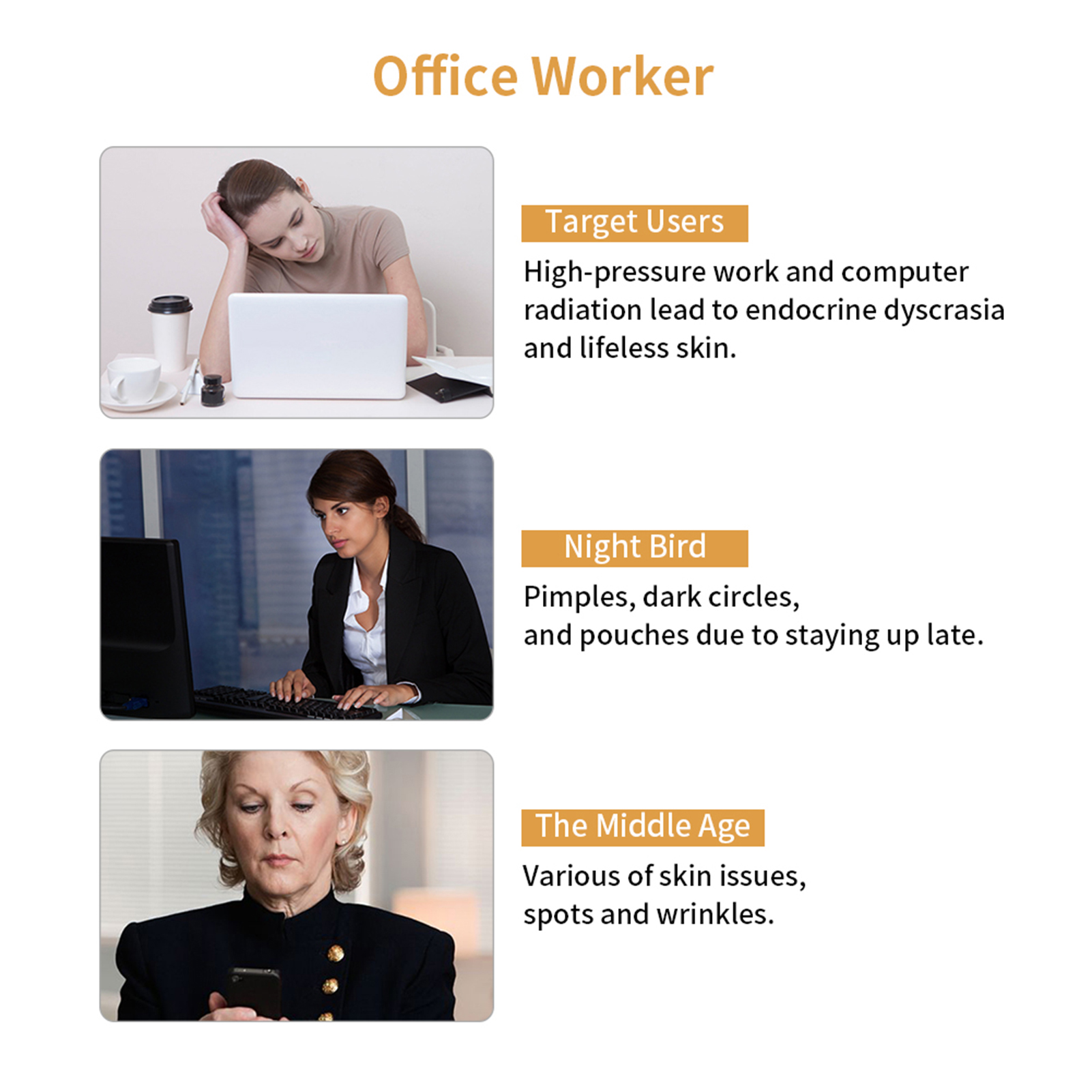 Das Bild zeigt drei Frauen. Die erste sitzt an einem Schreibtisch, die zweite an einem Computer und die dritte schaut auf ein Telefon.