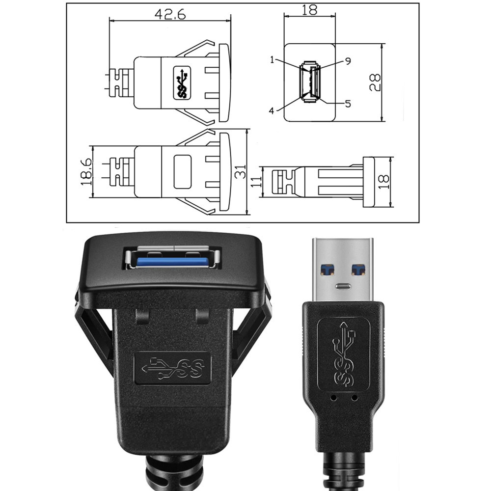 Schwarzer USB-Anschluss mit blauem Innenraum, neben einem USB-Kabel und technischen Zeichnungen mit Maßen.