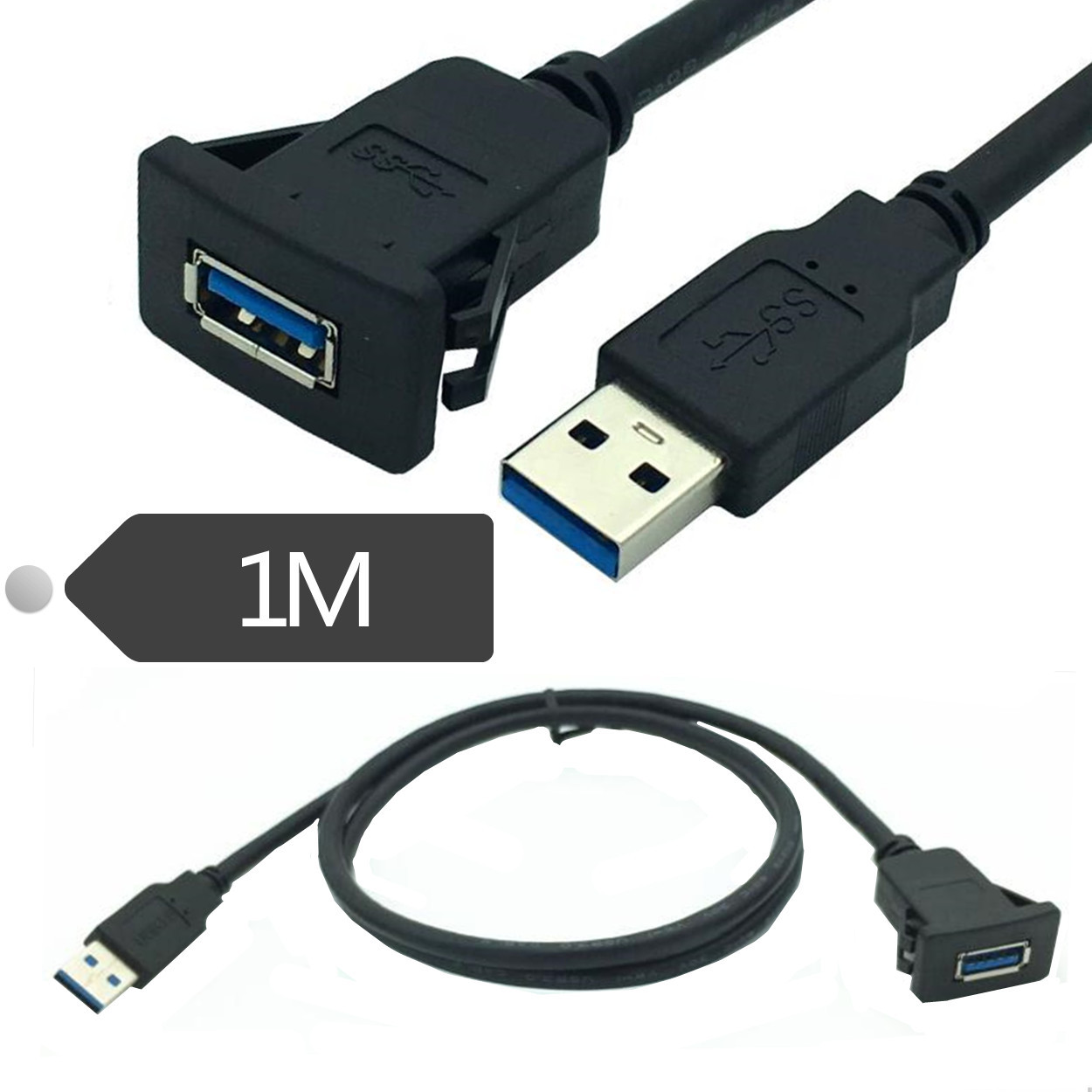 Drei schwarze USB-Kabel. Eines mit Buchse, eines mit Stecker und eines mit beiden. Ein graues Schild zeigt die Länge 1M.