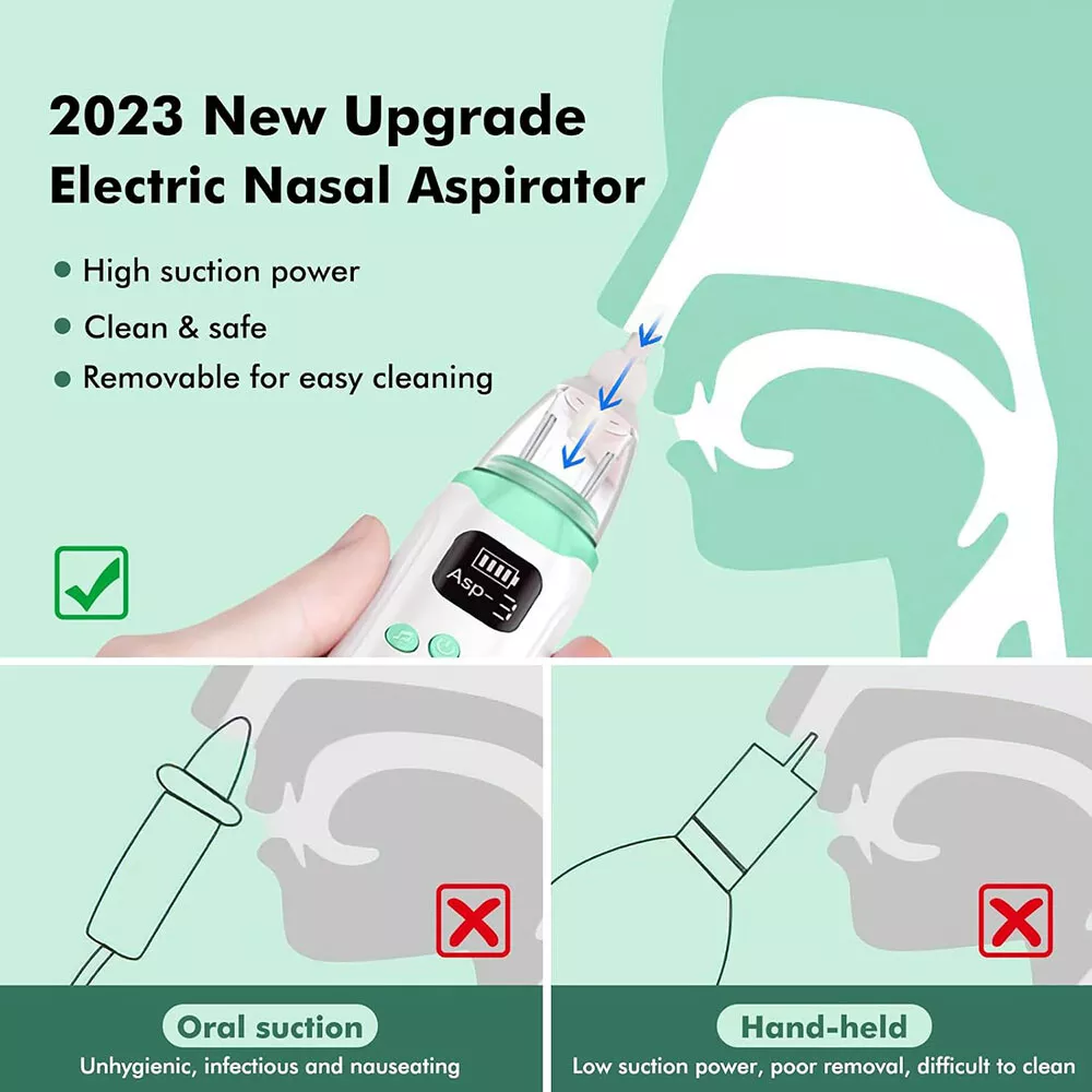 Gezeigt wird ein elektrischer Nasensauger. Merkmale: hohe Saugkraft, sauber & sicher und leicht zu reinigen. Richtige und falsche Anwendung.